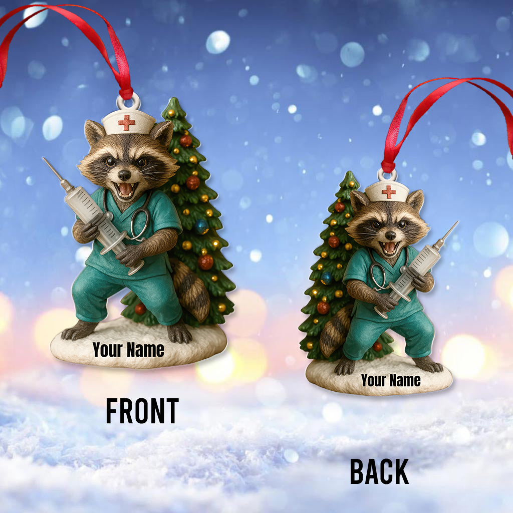 Personalized Nurse Raccoon Christmas Ornament, Custom Name Medical Holiday Decor, Funny Healthcare Worker Xmas Gift
