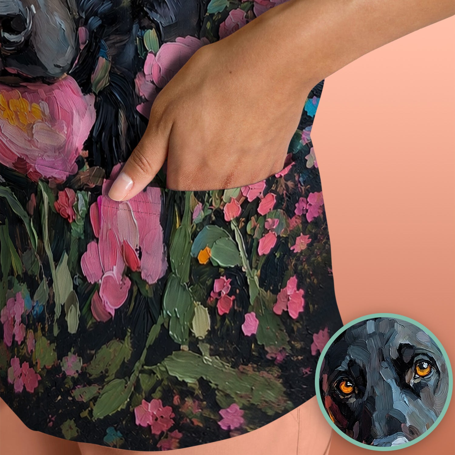 Painterly Floral Black Dog Pattern, Pet Lover Medical Scrub Top, Comfortable Scrubs for Nurses