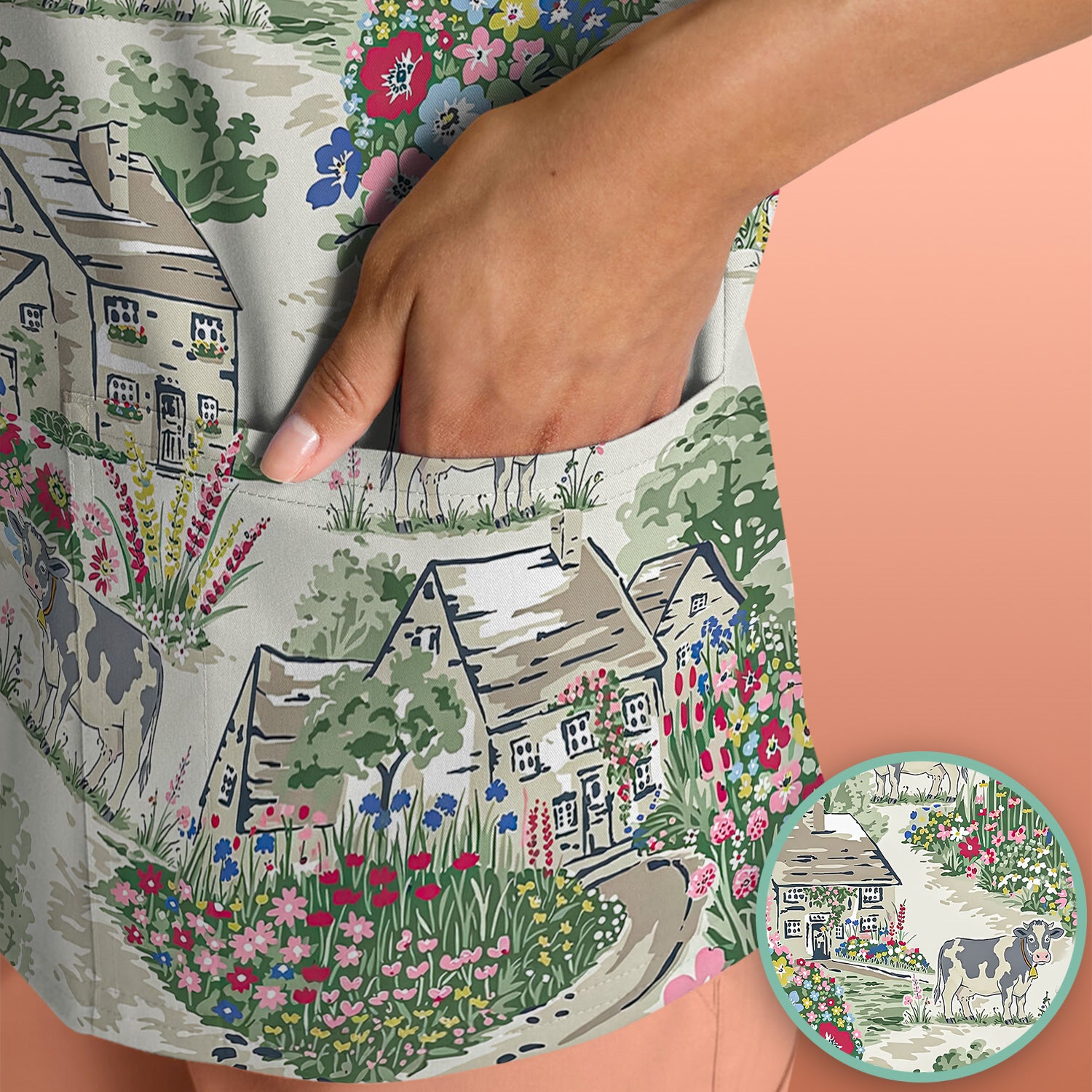 Charming Countryside Cows Cottage Garden Pattern Scrub Top, Comfortable Scrubs for Nurses