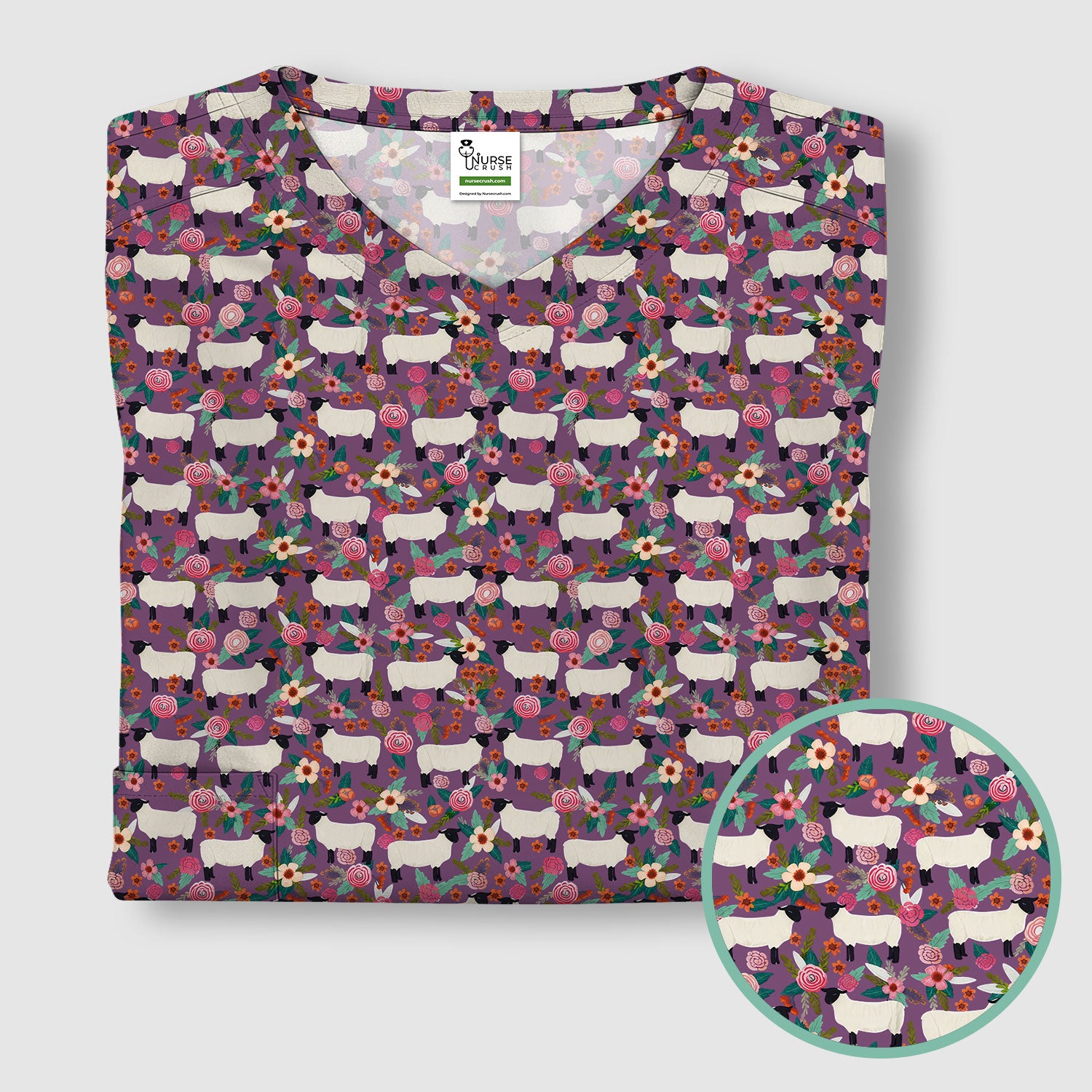 Cute Sheep Floral Meadow Pattern Scrub Top, Comfortable Scrubs For Nurses