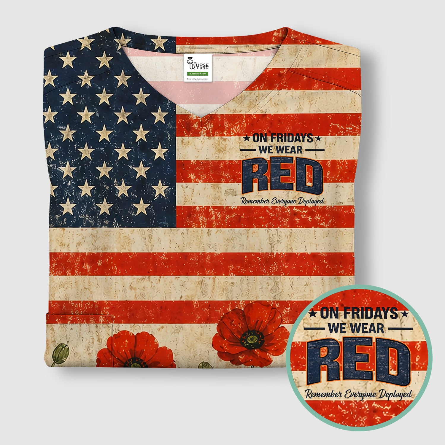 Patriotic American Flag Poppy Flower Pattern Scrub Top, Comfortable Scrubs for Nurses