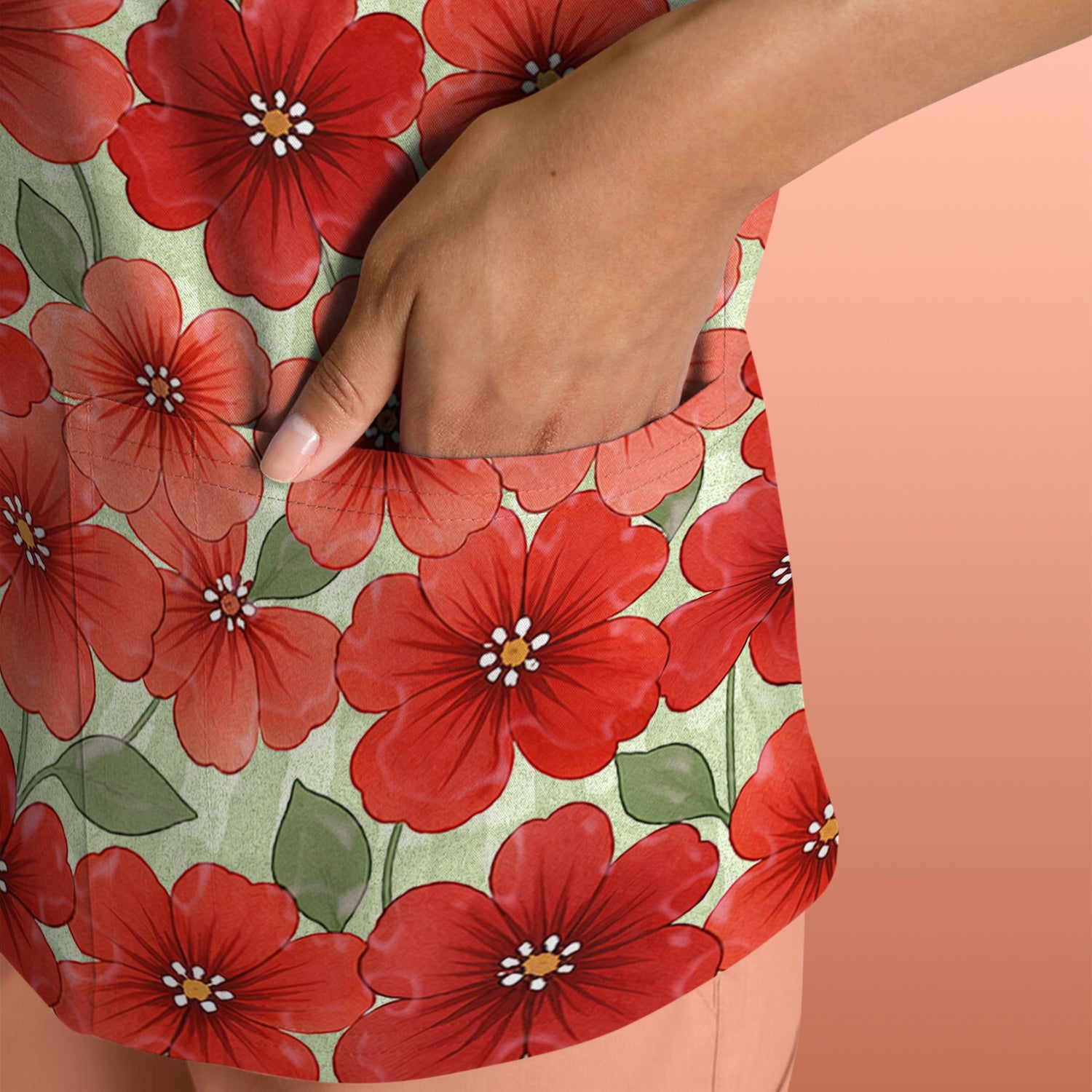 Patriotic USA Flag With Red Floral Blossom Pattern Scrub Top, Comfortable Scrubs for Nurses
