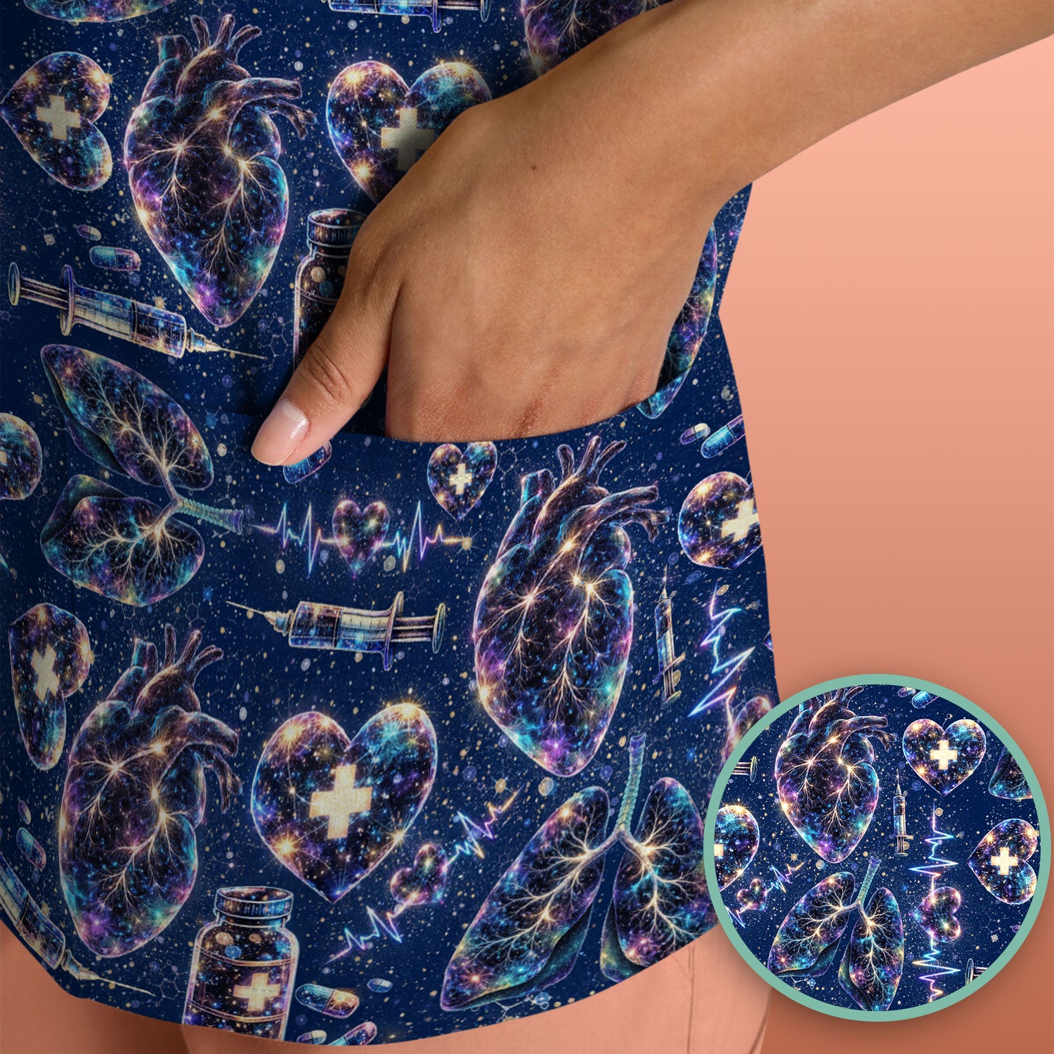 Galaxy Anatomical Heart Lung Syringe Print Scrub Top, Breathable Fabrics Nursing Uniform