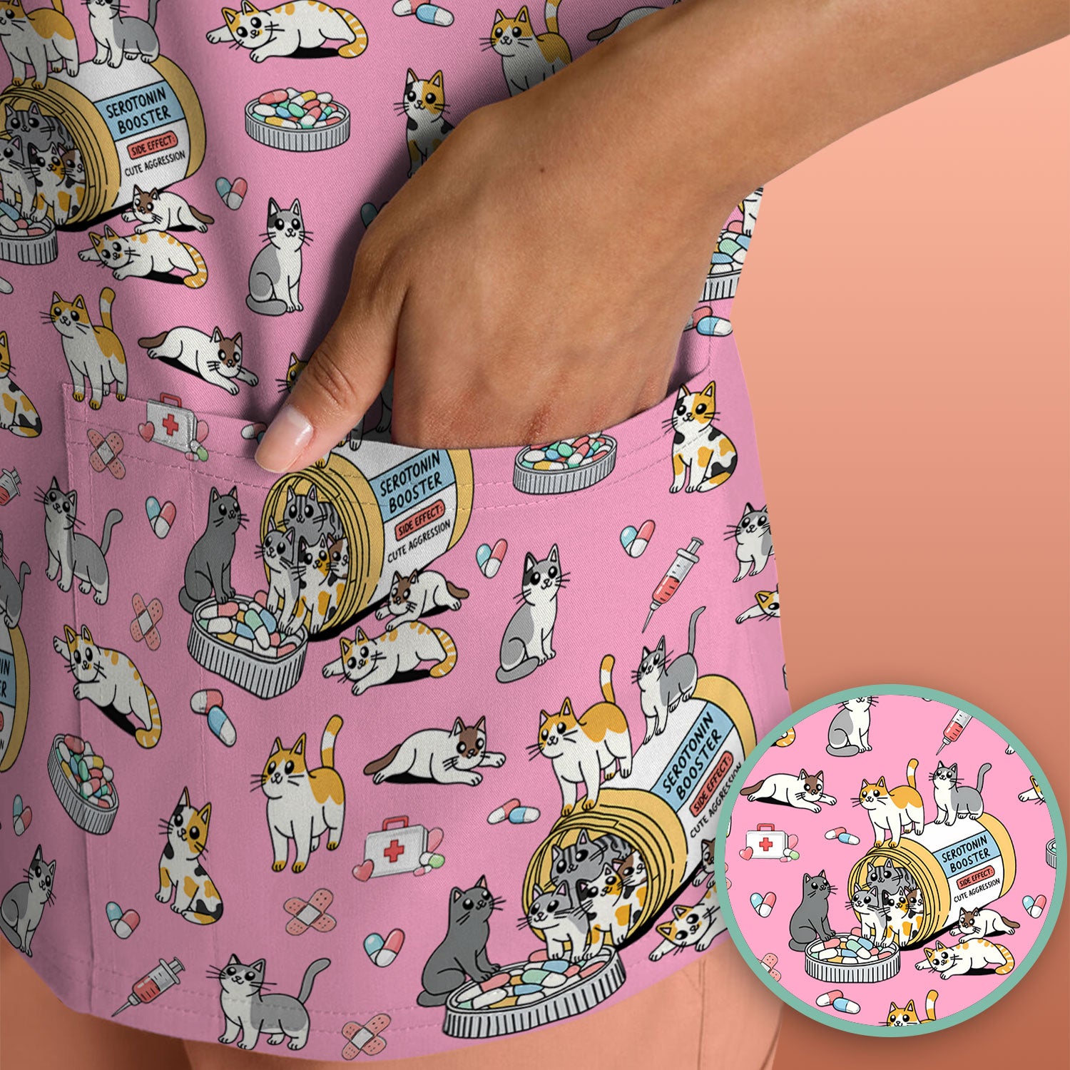 Cute Cat Serotonin Booster Pattern Scrub Top, Comfortable Scrubs for Nurses