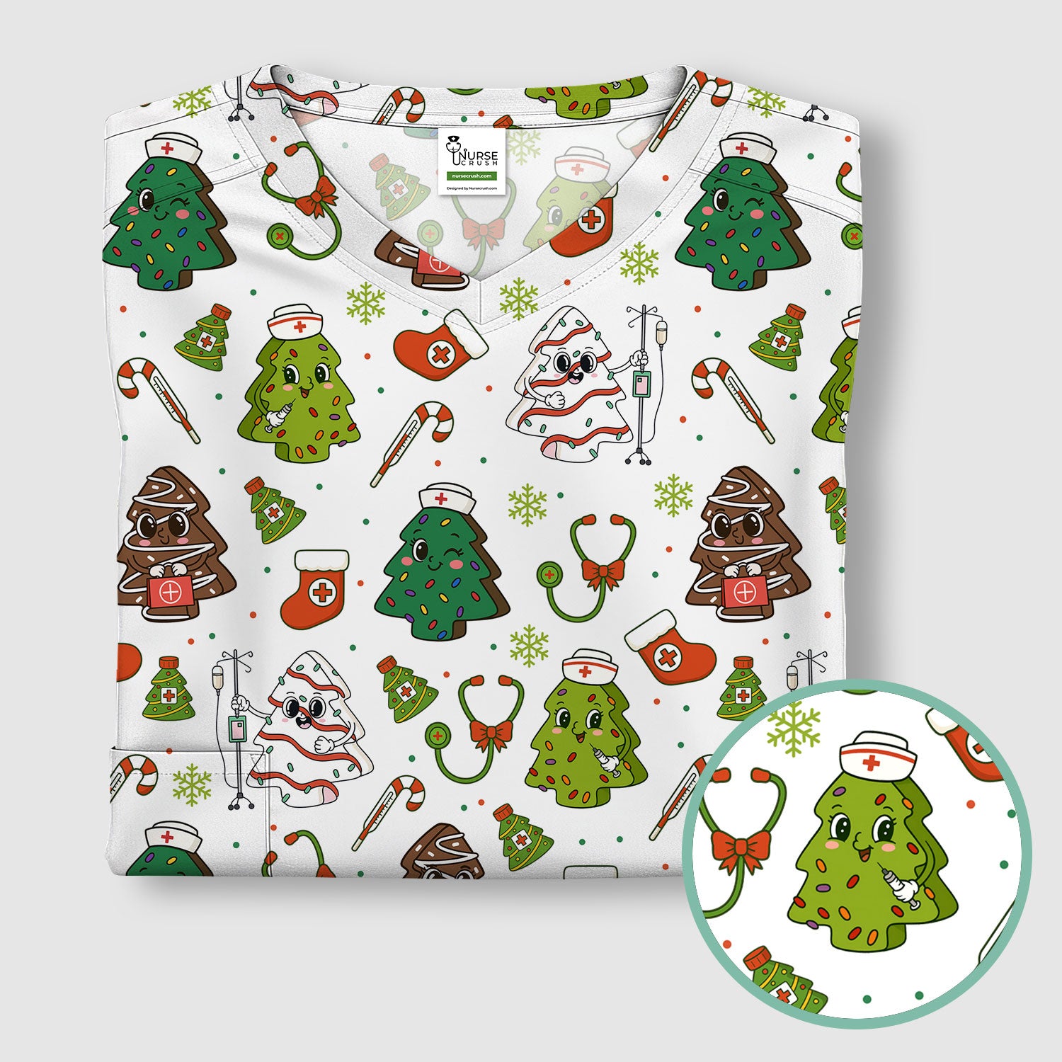 Funny Christmas Nurse Scrub Top - Adorable Tree Pattern Holiday Shirt - Cute Gift for Women RN LPN CNA
