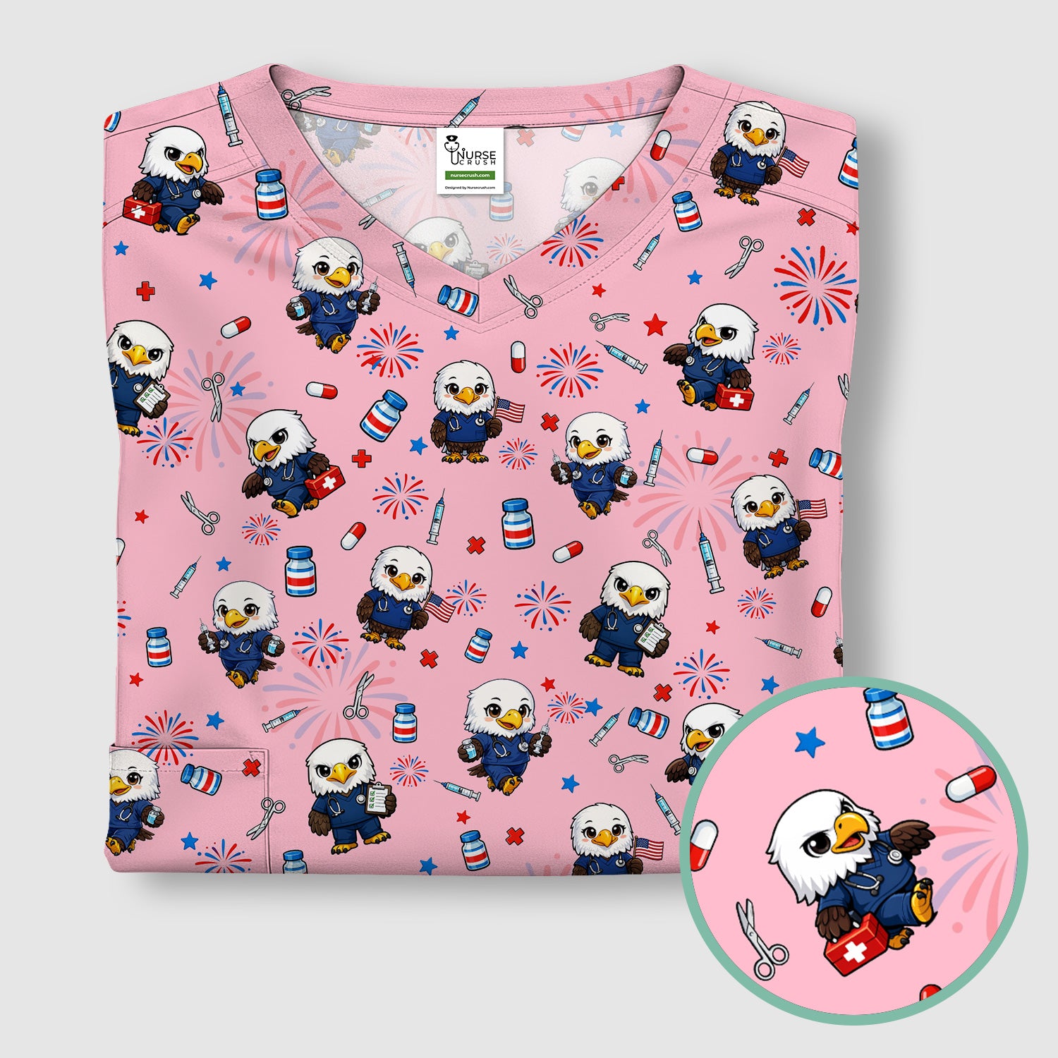Patriotic Nurse Eagle Fireworks Medical Pattern Scrub Top, Breathable Fabrics Nursing Uniform