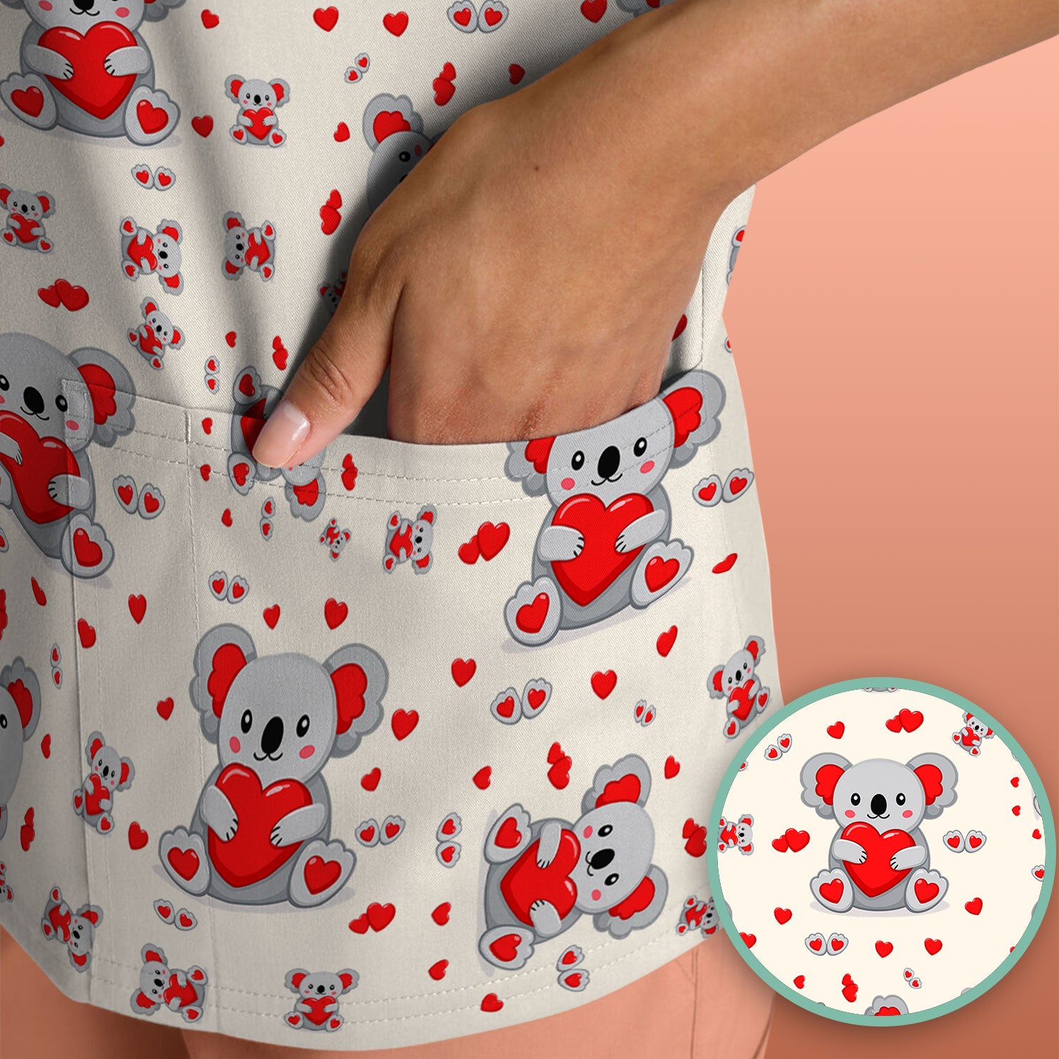 Valentine Cute Koala Heart Pattern Nurse Shirt, Comfortable Scrubs for Nurses