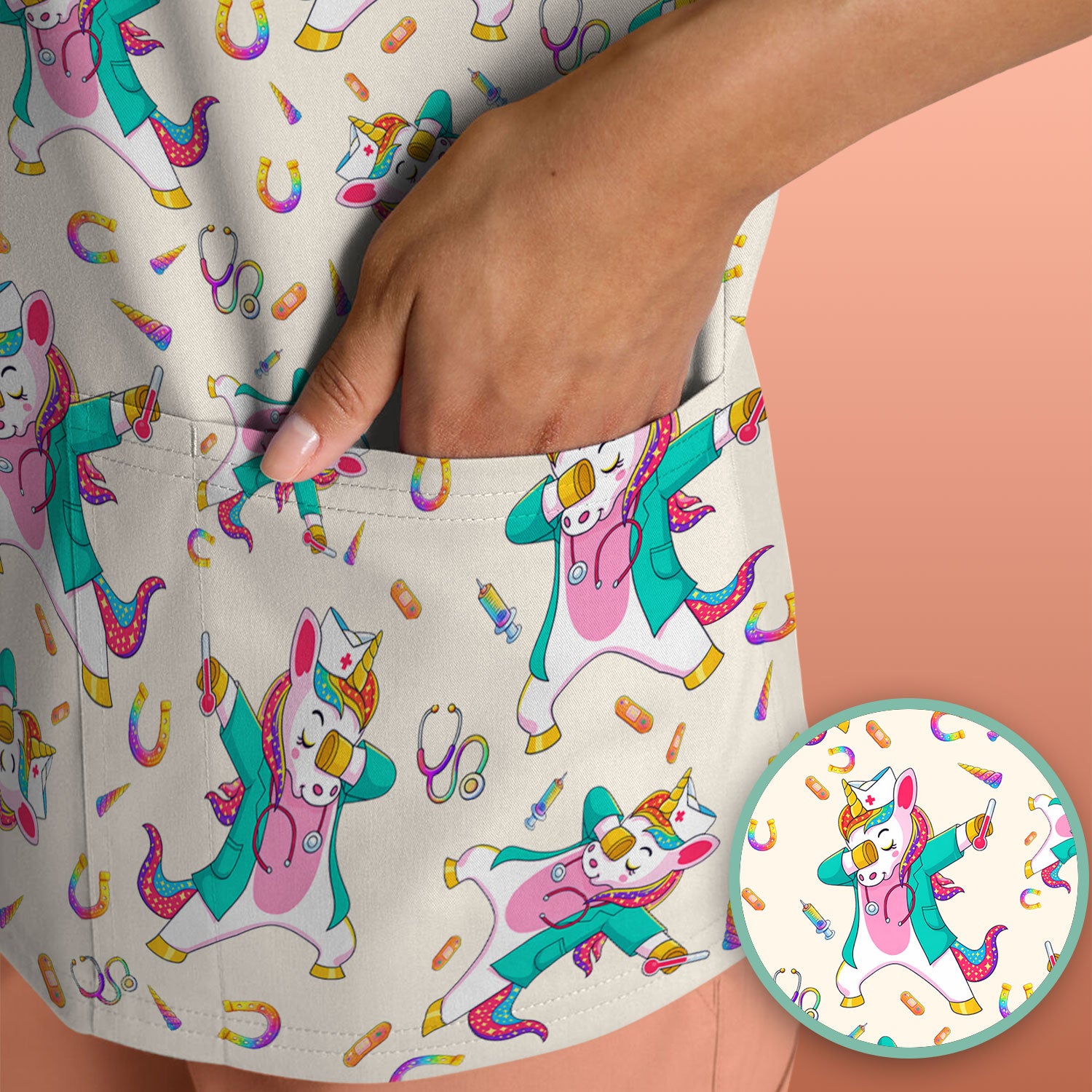 Cute Unicorn Nurse Dance Pattern Scrub Top, Breathable Fabrics Nursing Uniform