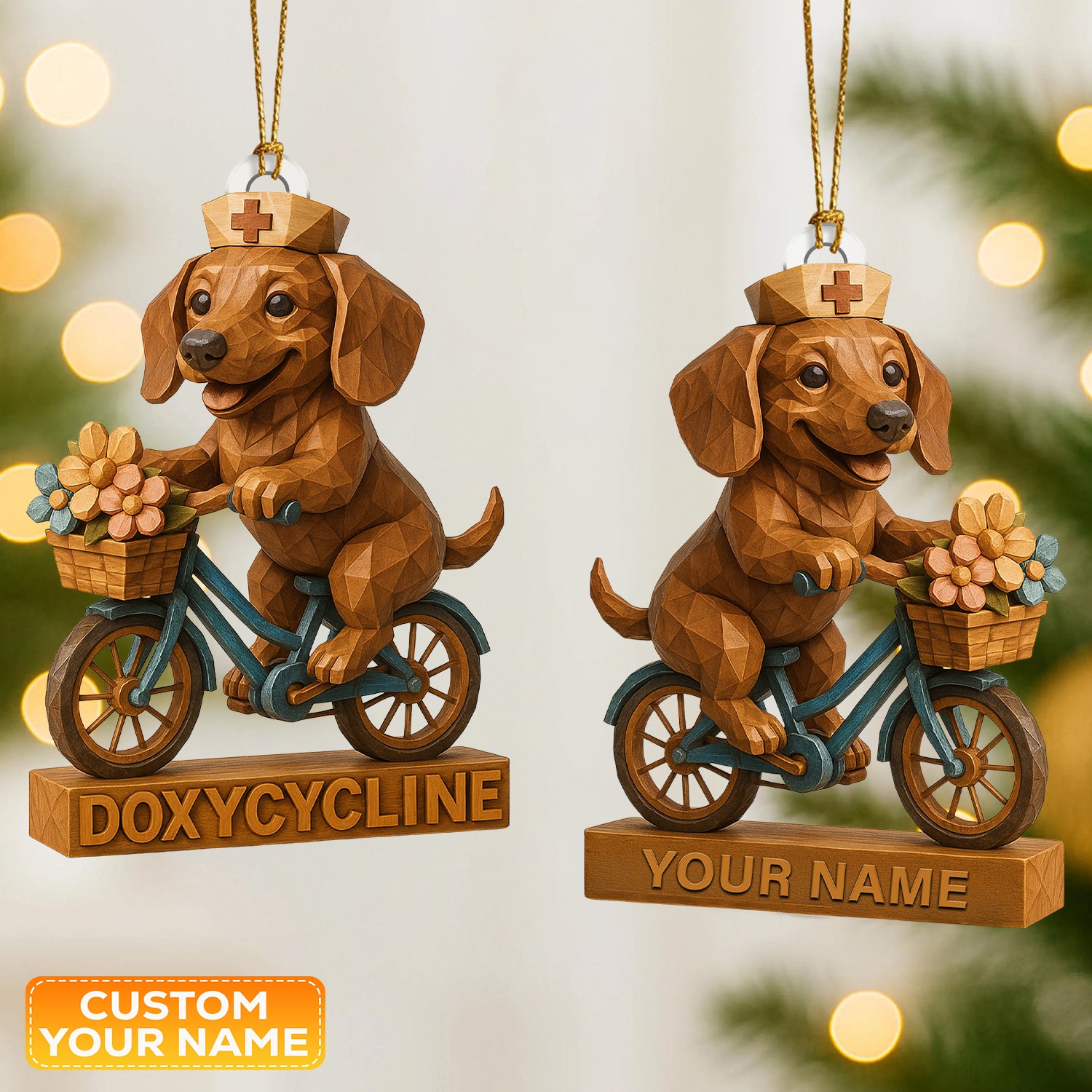 Personalized Dog Cycling Christmas Decor, Custom Name Dachshund Nurse Ornament, Nursing Gift For Dog Lovers