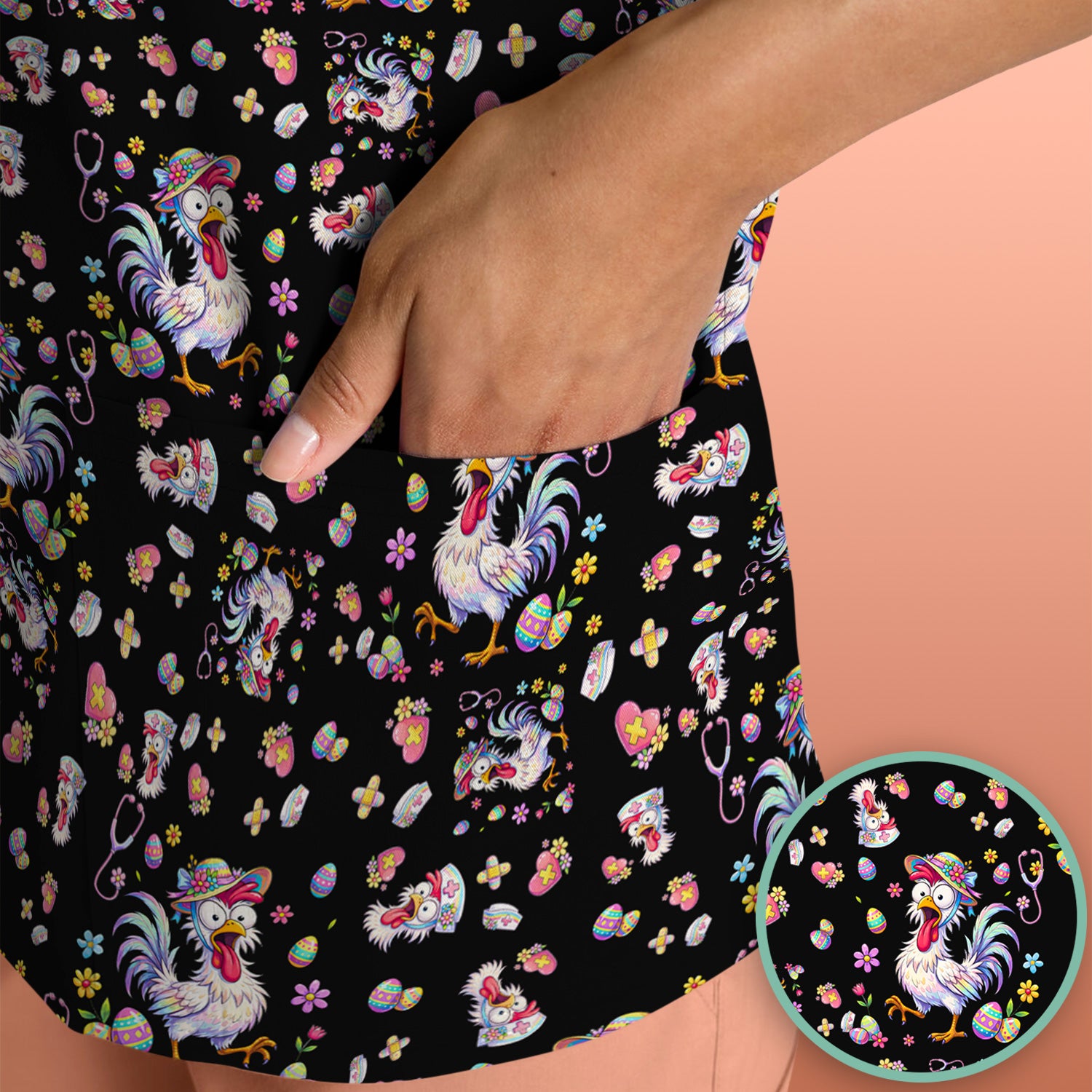Funny Easter Nurse Chicken Pattern Scrub Top, Comfortable Scrubs for Nurses