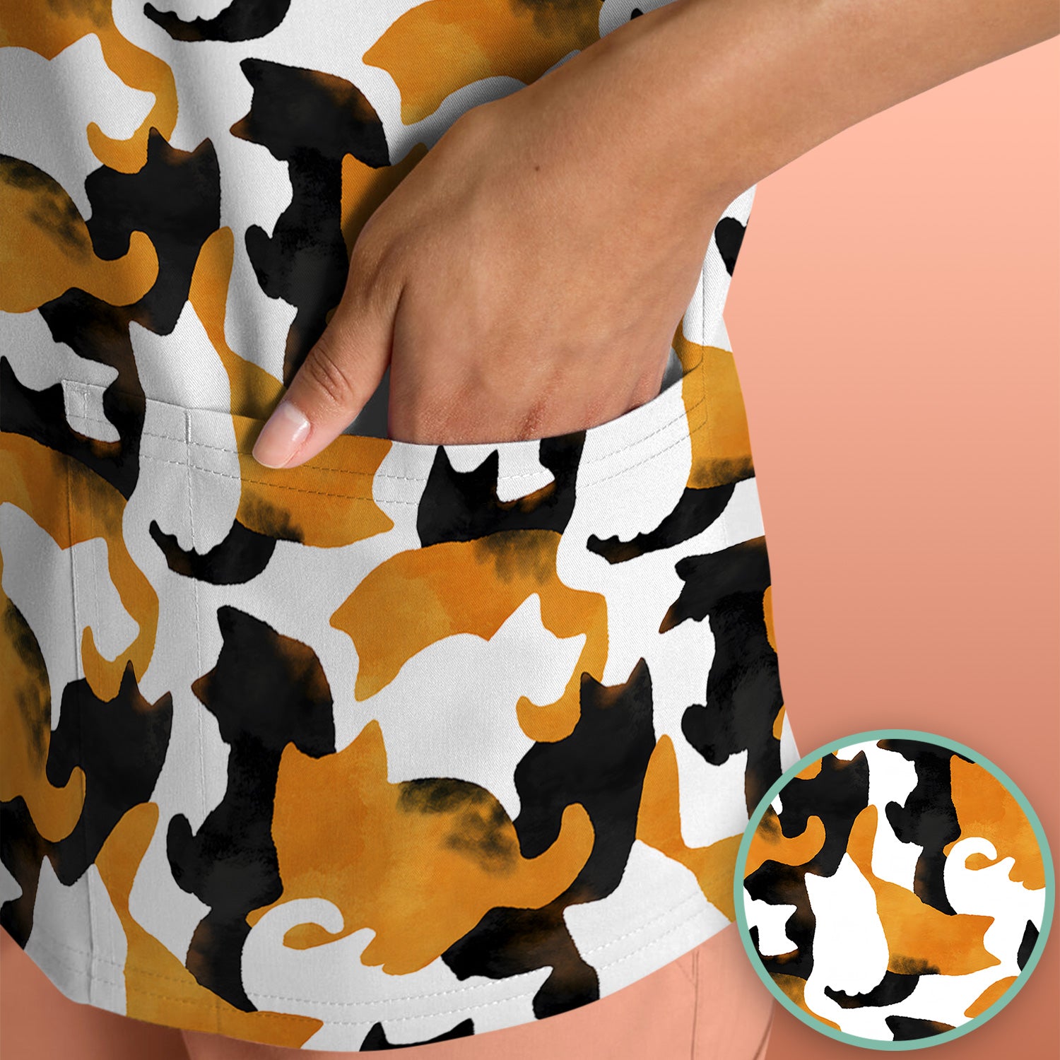 Calico Cat Silhouette Nurse Scrub Top for RN, CNA, Veterinary Staff, Cat Lover Uniform