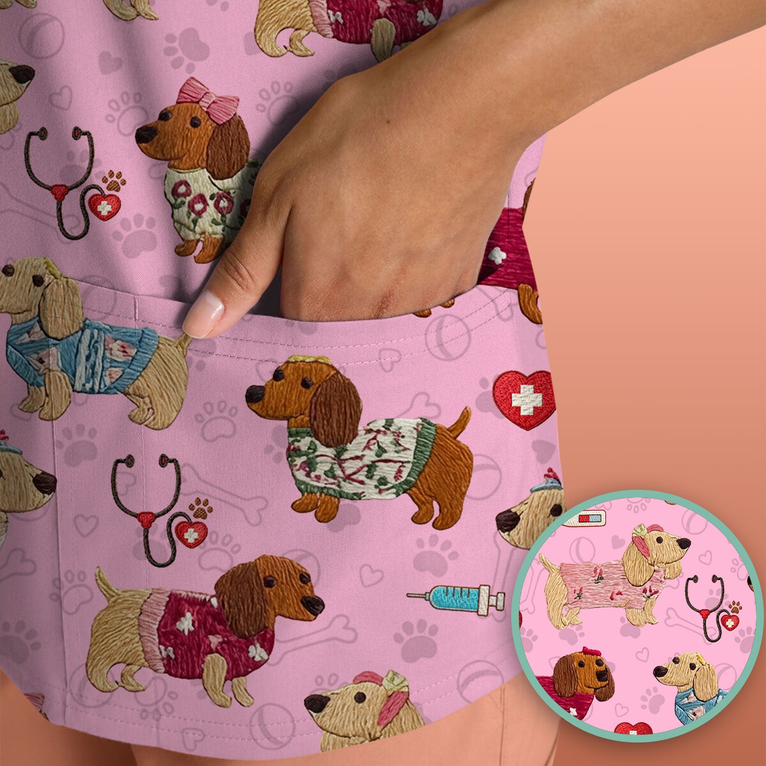 Cute Medical Wiener Dog Pattern Nurse Shirt, Dachshund Nursing Scrub Top, Breathable Fabrics Nursing Uniform