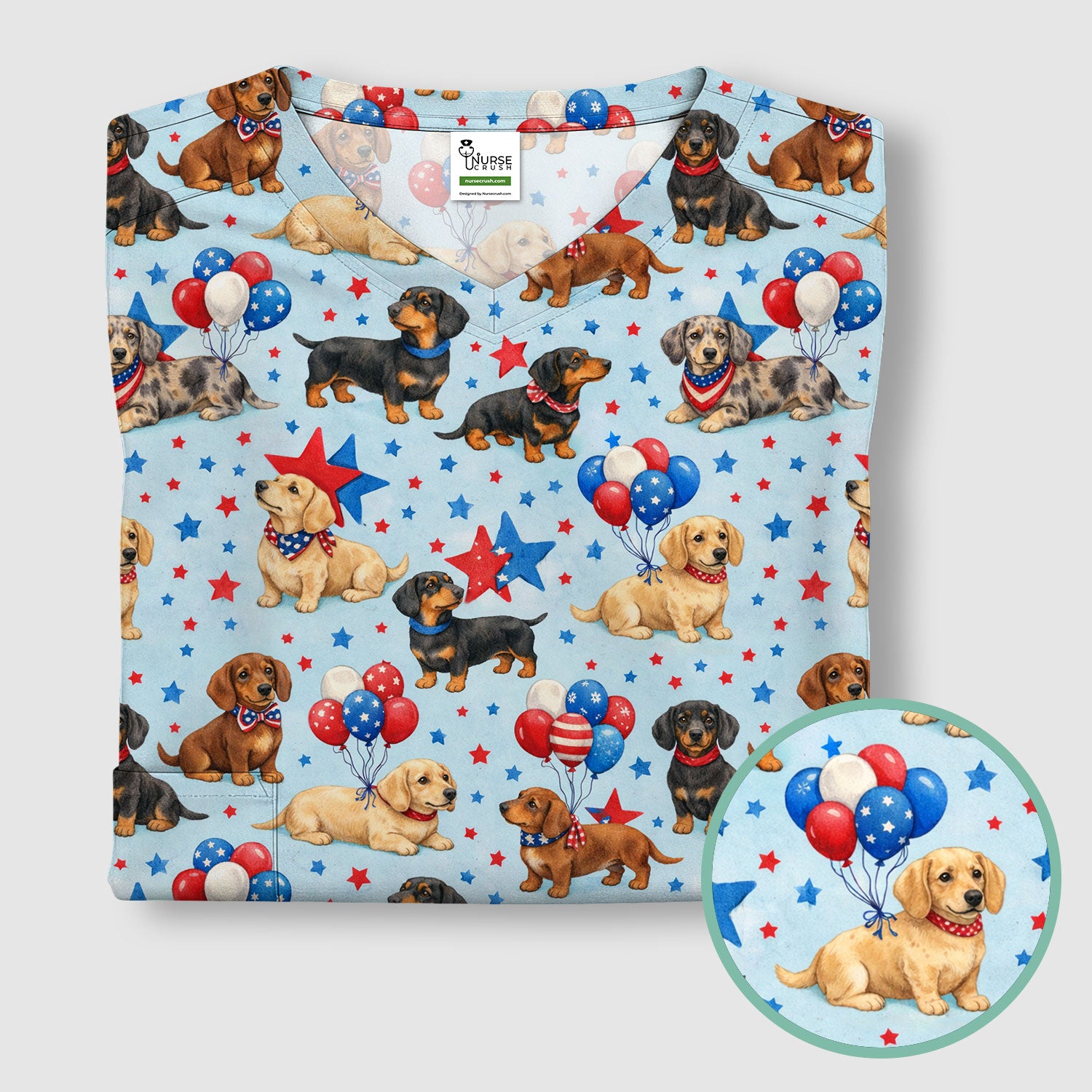 Cute Patriotic Dachshund Balloon Star Pattern Scrub Top, Comfortable Scrubs For Nurses
