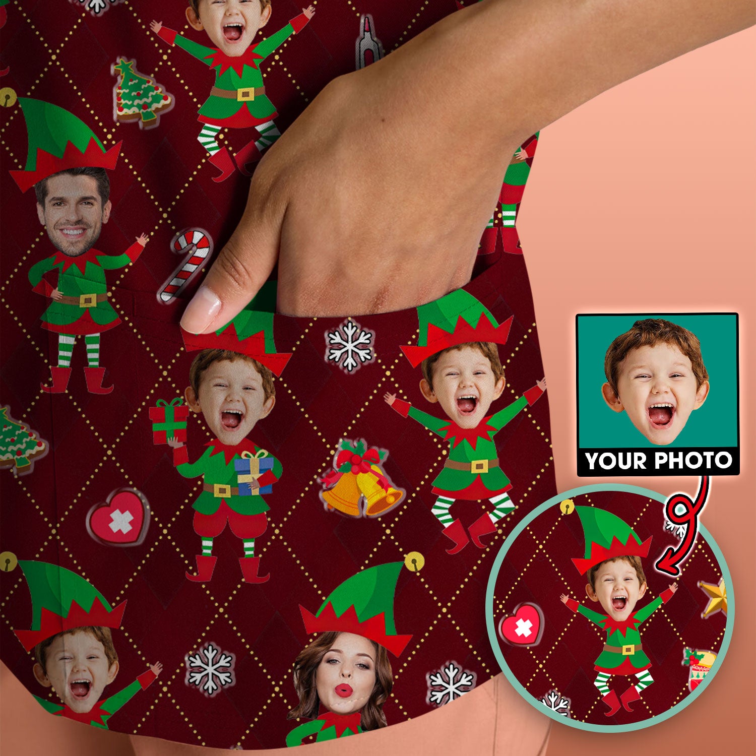 Personalized Face Nurse Shirt, Custom Photo Christmas Scrub Top, Funny Holiday Medical Uniform For Nursing
