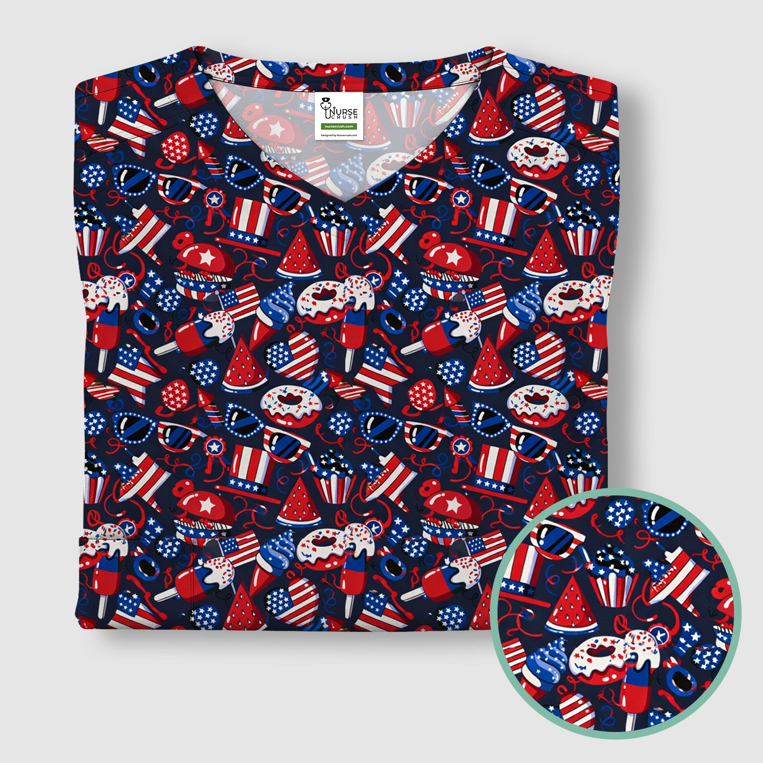 Cute Patriotic 4th of July Print V Neck Scrub Top for Nurses, Red Blue Medical Uniform