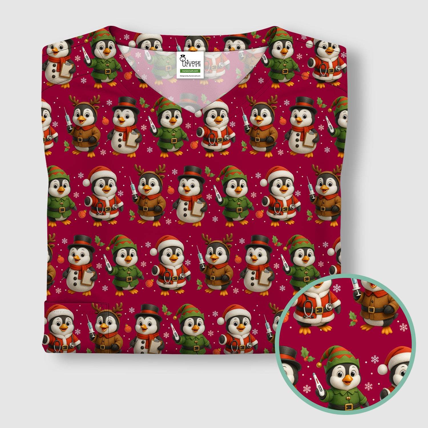 Cute Christmas Penguin Scrubs - Festive Pattern Scrub Top for Women - Cozy Holiday Scrubs Perfect for Nurse Gift Season