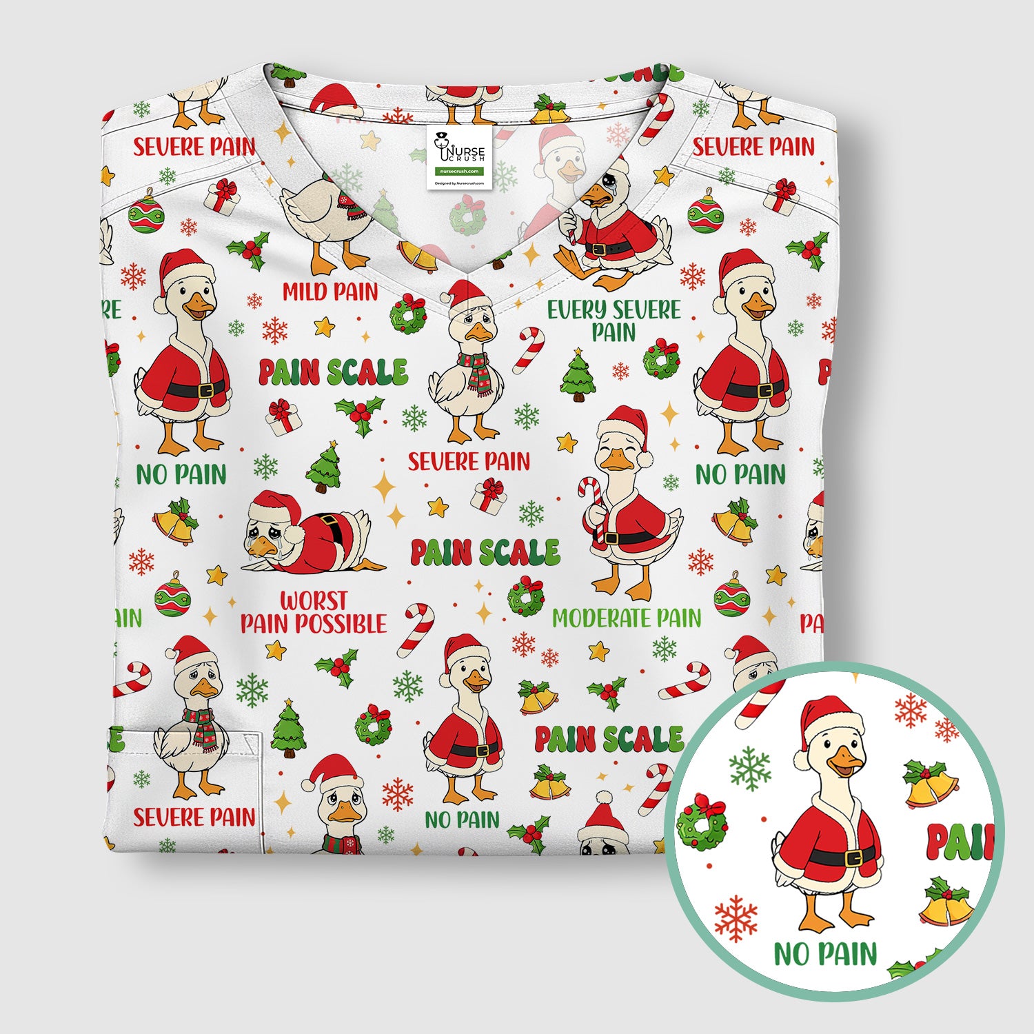 Christmas Nurse Scrub Top - Funny Goose Pain Scale - Cute Holiday Medical Uniform for Women