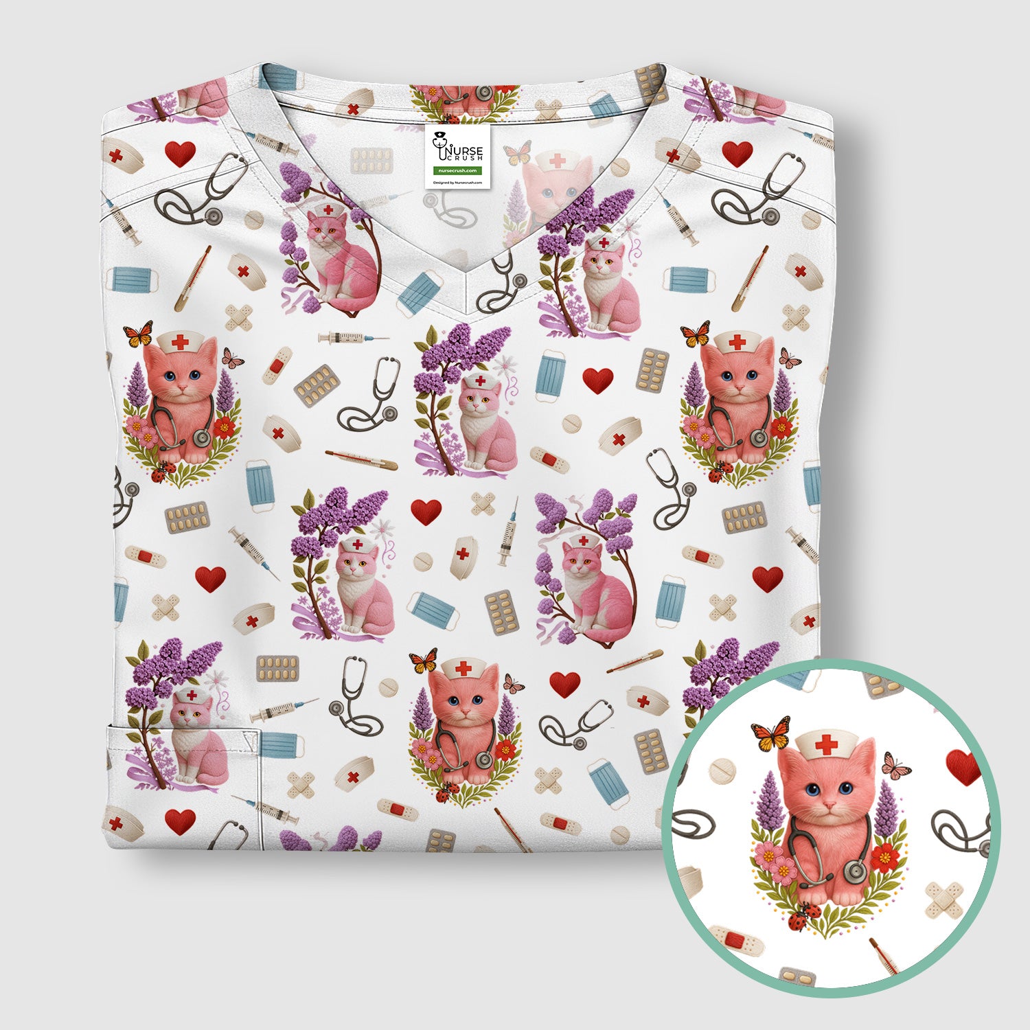 Pink Cat Print Medical Scrub Top - Cute Nurse Shirt for Women - Funny Pattern Gift for RN LPN CNA Healthcare Workers