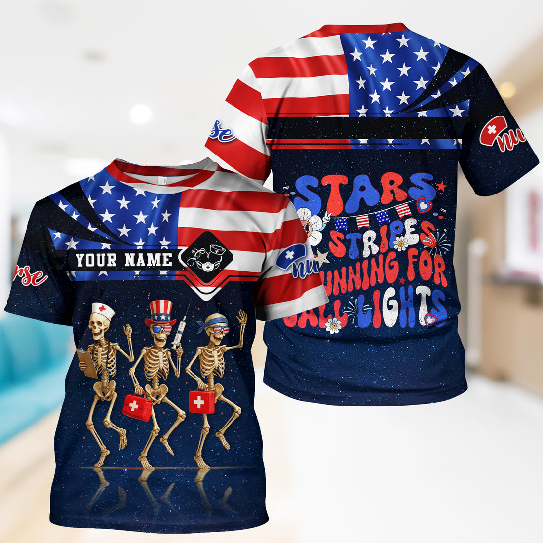Funny Nurse Skeleton Shirt - Personalized 4th of July Scrub Life Tee - Custom Name RN CNA LPN Gift