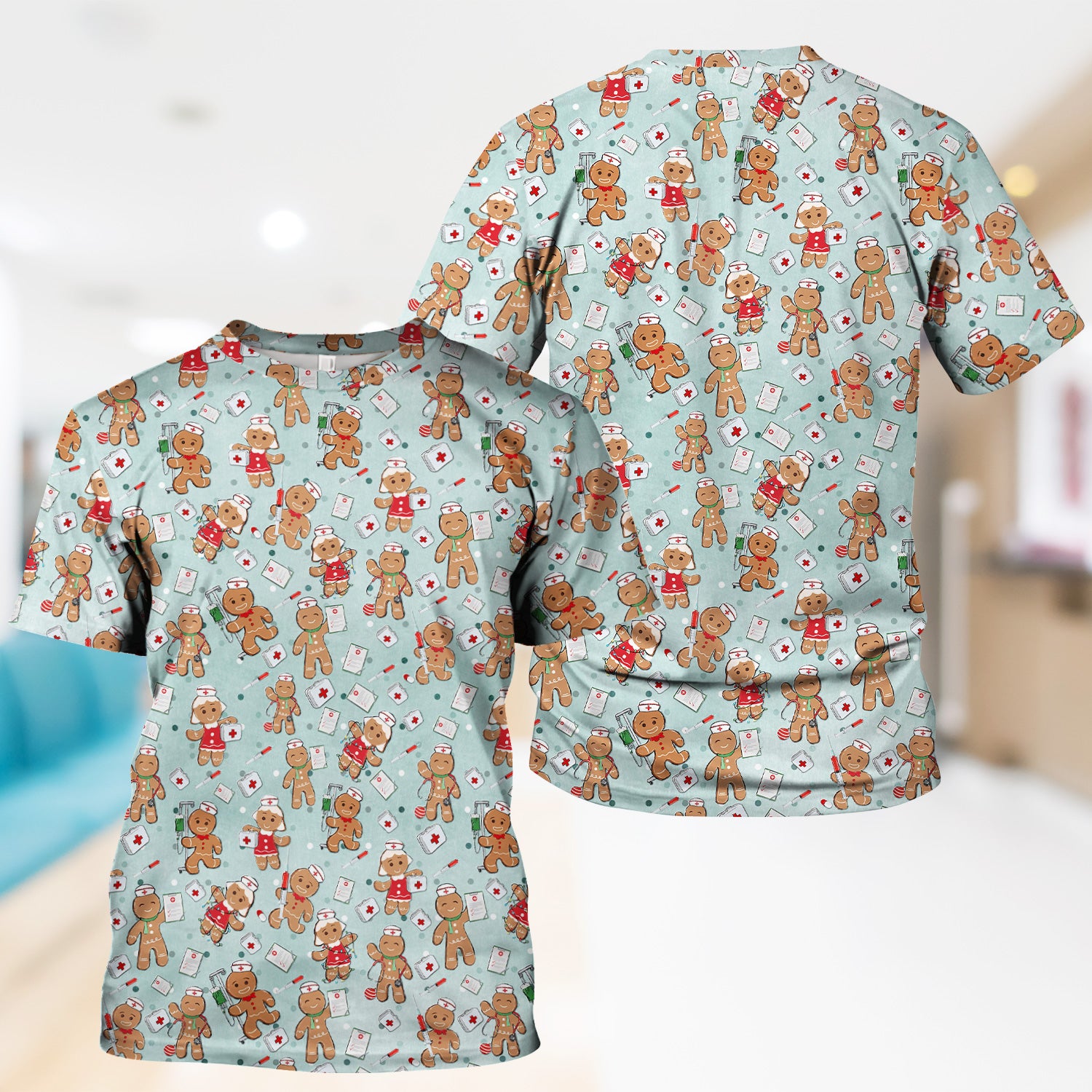 Cute Nurse Christmas Scrub Top - Funny Gingerbread Man & Medical Design - Gift for Women RN LPN & Pediatric Nurses