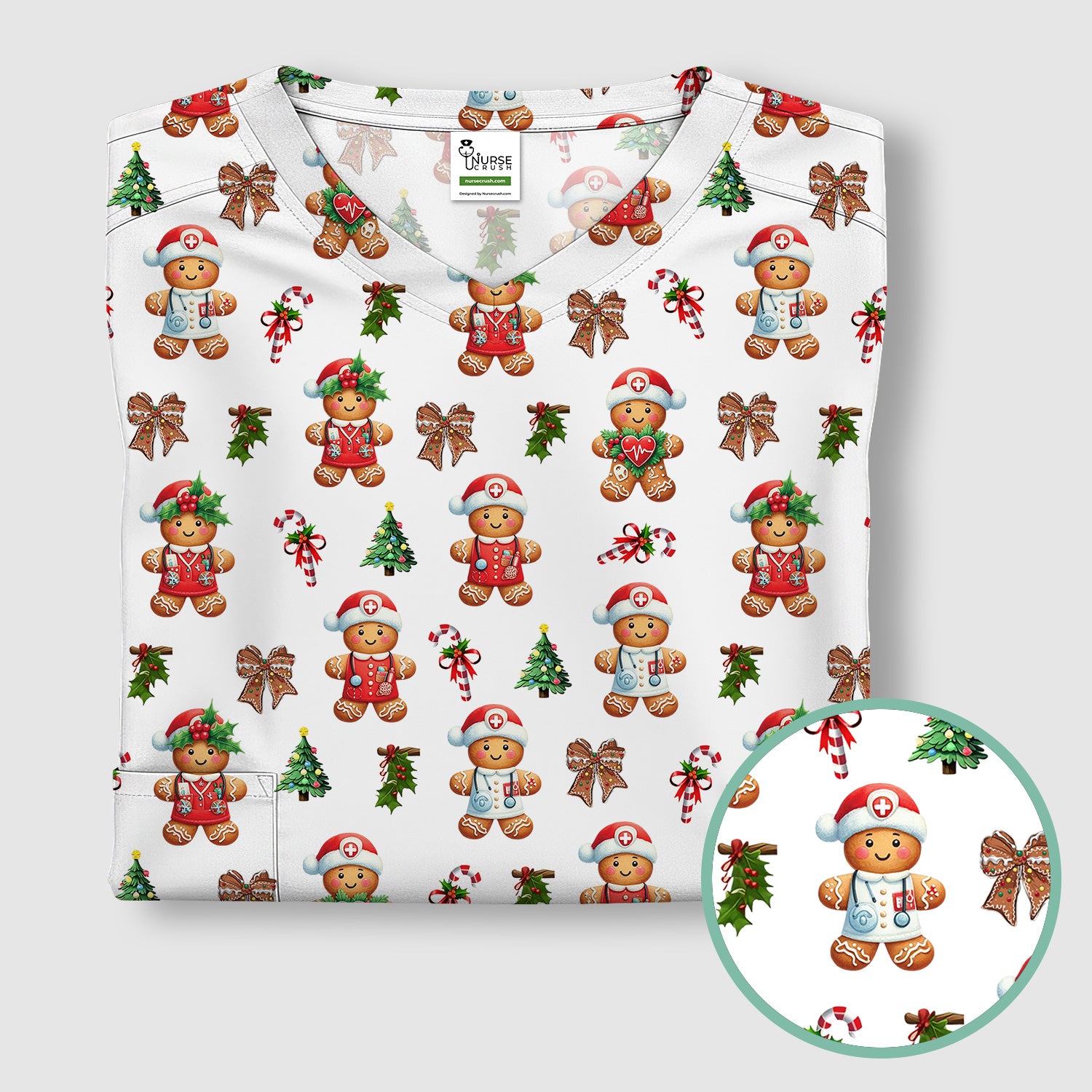 Funny Christmas Scrub Top for Nurse - Adorable Gingerbread Candy Cane Bow- Festive Medical Uniform for Women