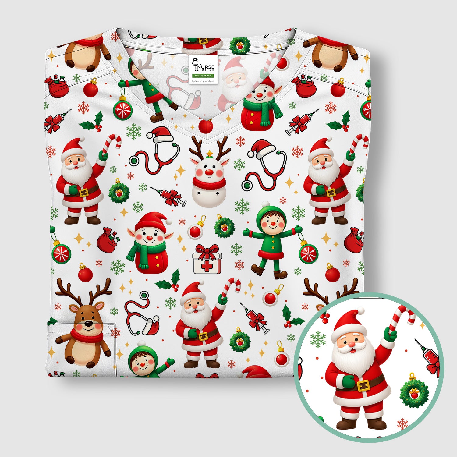 Santa Christmas Scrub Top - Cute Holiday Nurse Medical Shirt - Festive Reindeer Med Uniform for Women RN CNA LPN