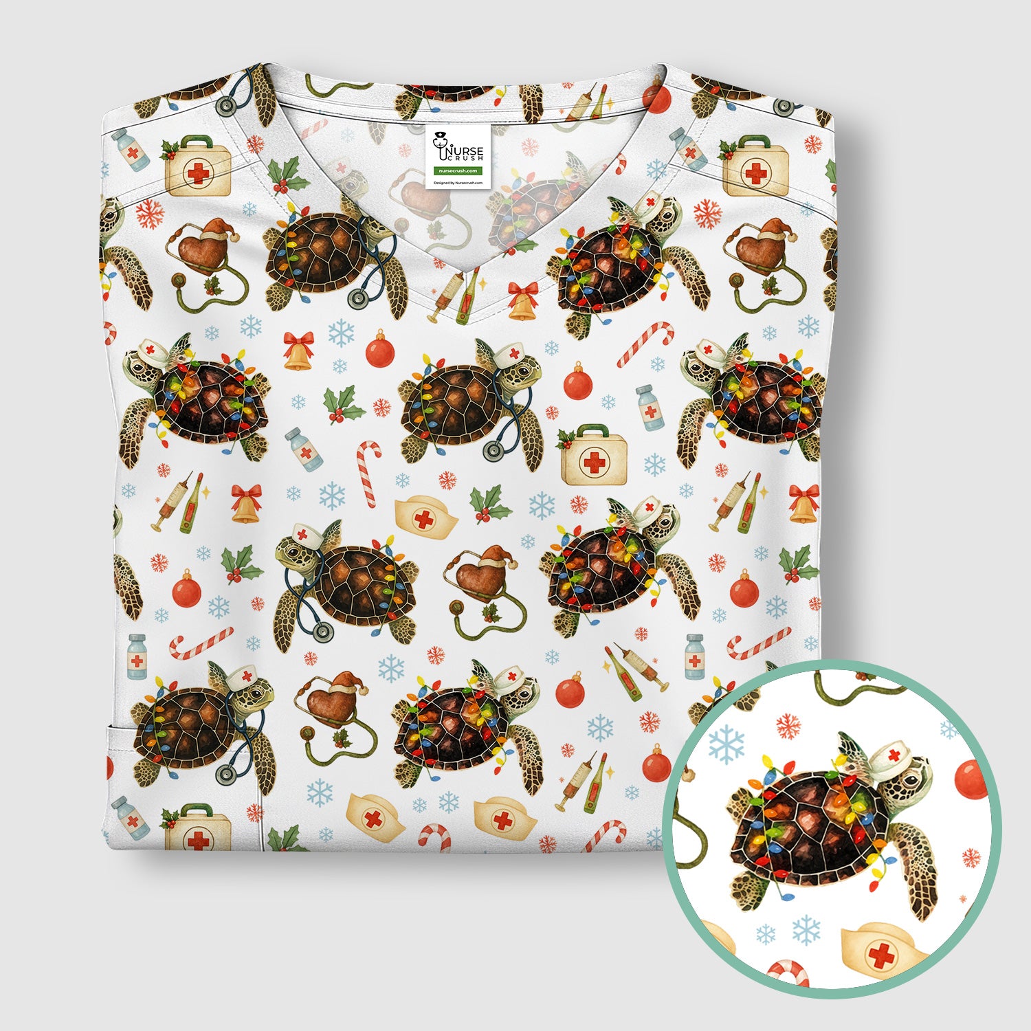 Funny Christmas Scrub Top - Sea Turtle with Xmas Lights Shirt - Holiday Nurse Scrubs for Women