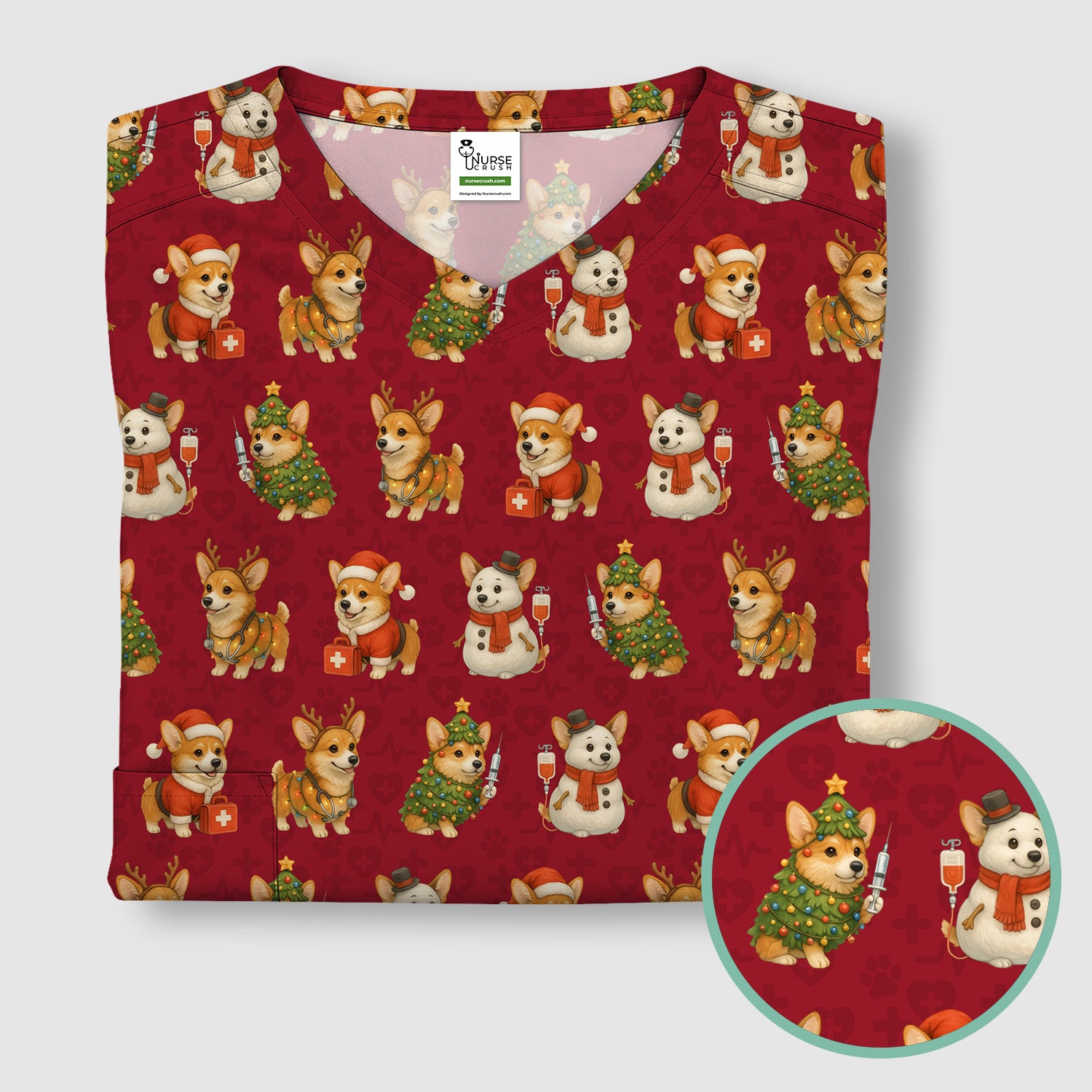 Cute Christmas Corgi Scrubs - Festive Pattern Scrub Top for Women - Cozy Holiday Nurse Scrubs Gift for Dog Lovers