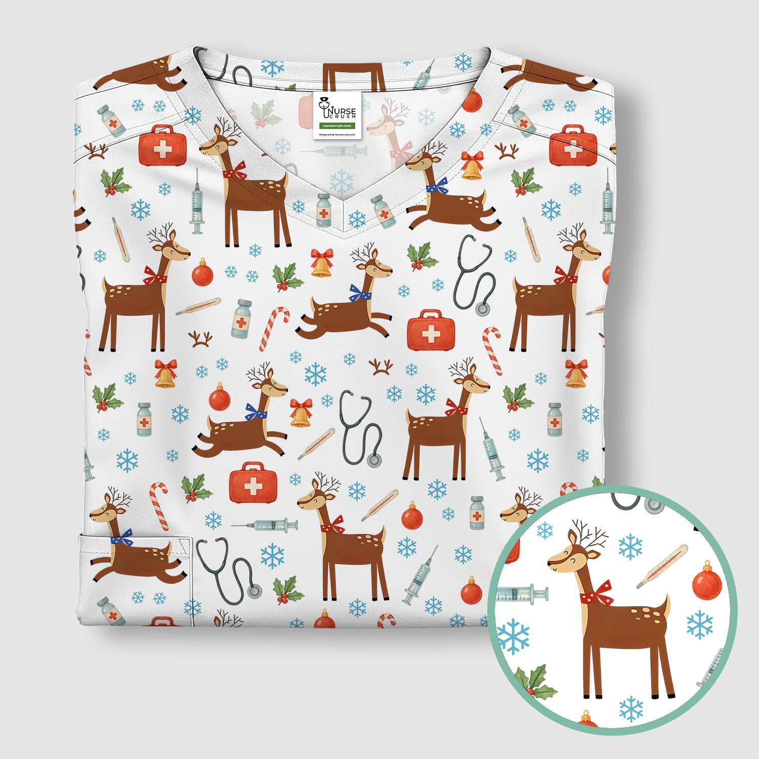 Christmas Reindeer Scrub Top for Nurses - Cute Reindeers Snowflakes Candy Canes Shirt - Comfortable Med Uniform