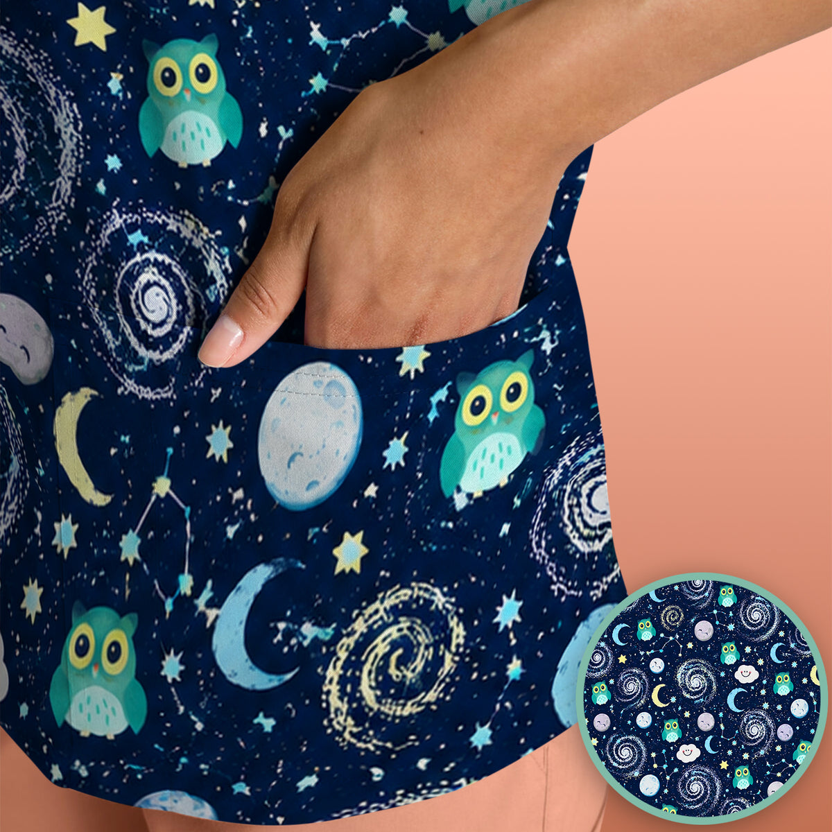 Cute Night Owl Galaxy Pattern Scrub Top, Comfortable Scrubs for Nurses