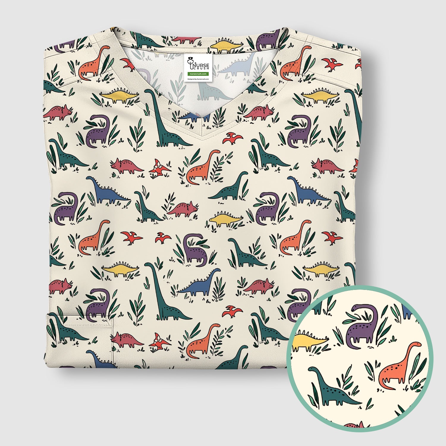 Cute Dinosaur Leafy Garden Pattern Scrub Top, Comfortable Scrubs for Nurses
