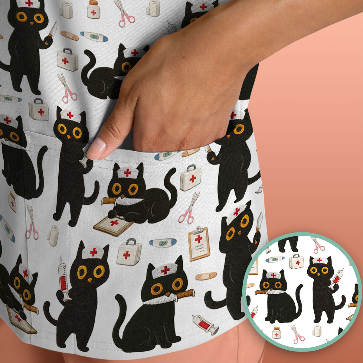 Cute Black Cat Nurse Pattern Scrub Top, Comfortable Scrubs for Nurses