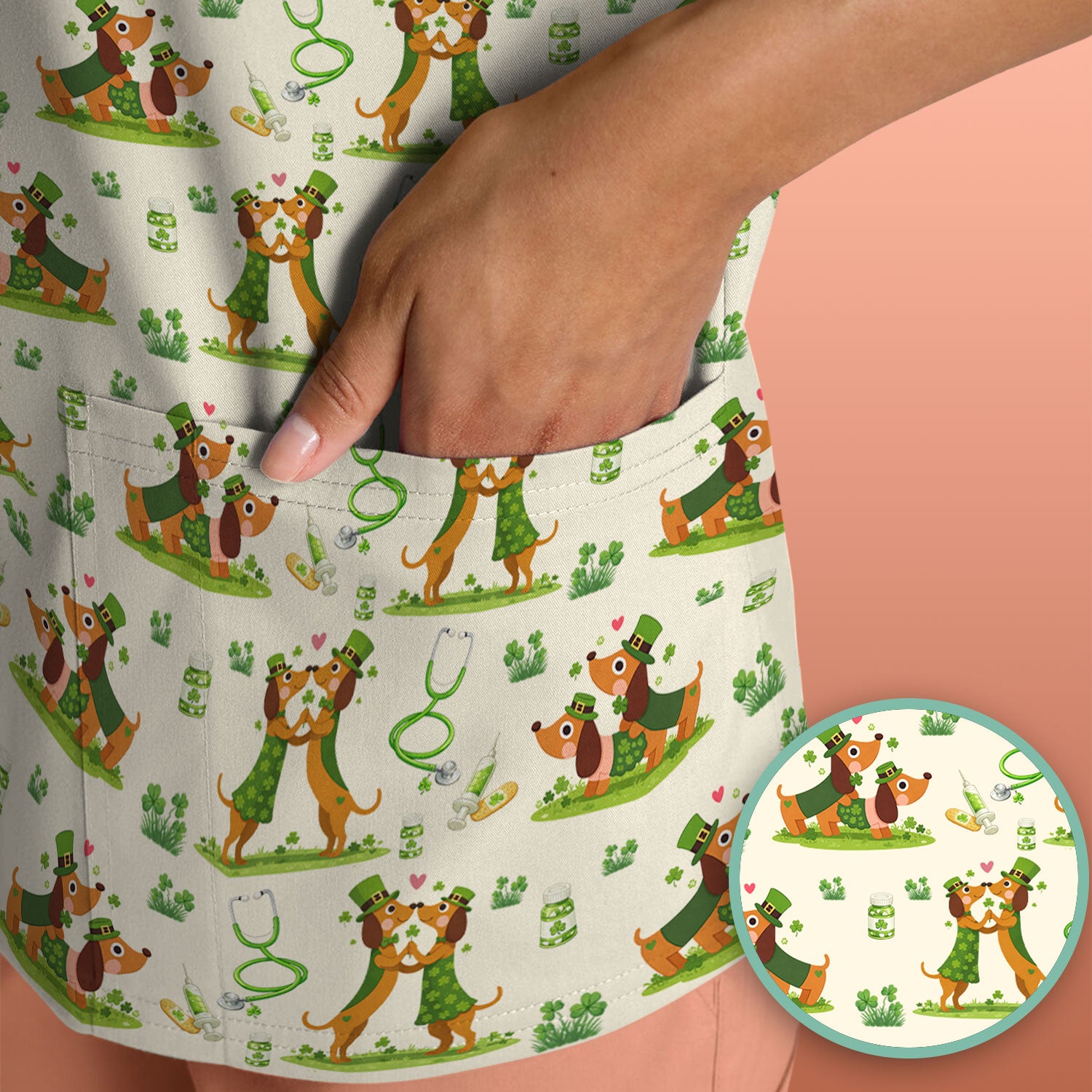 Valentine Cute Dachshund Nurse Shirt, Dog Heart Pattern, Comfortable Scrubs for Nurses