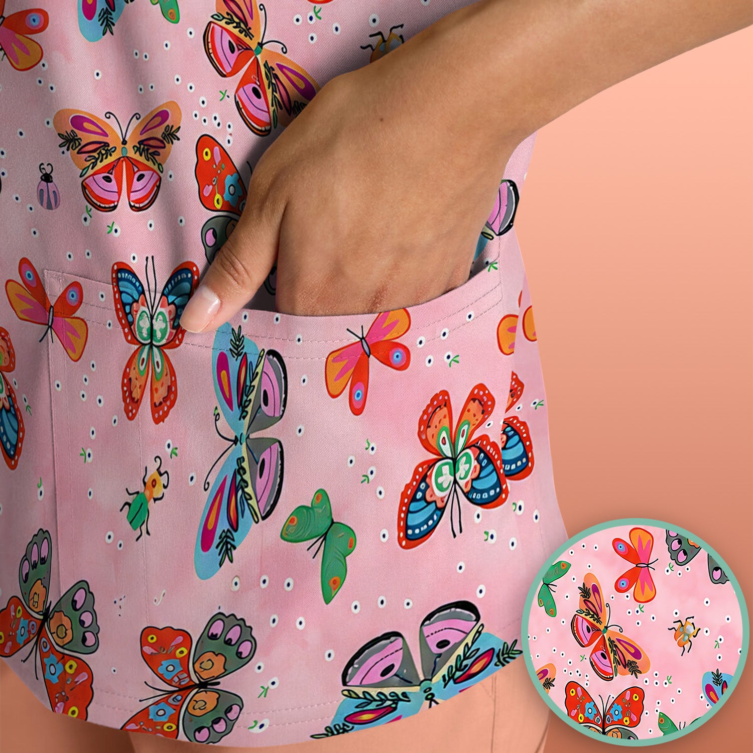 Colorful Butterfly Garden Pattern Scrub Top, Breathable Fabrics Nursing Uniform