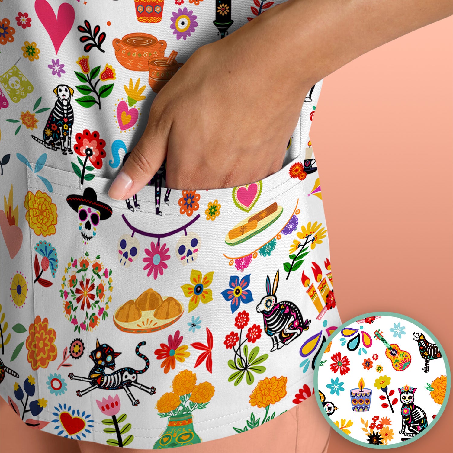 Day Of The Dead Sugar Skull Print Scrub Top, Comfortable Scrubs for Nurses