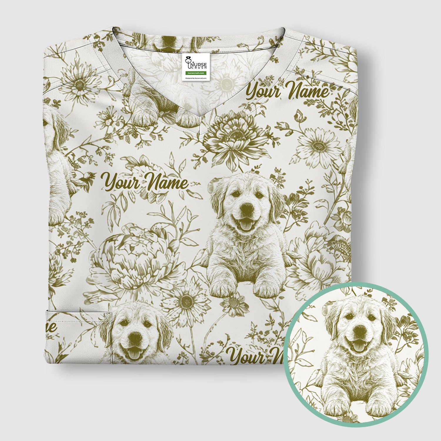Personalized Custom Pet Photo Name Floral Pattern Scrub Top, Breathable Fabrics Nursing Uniform