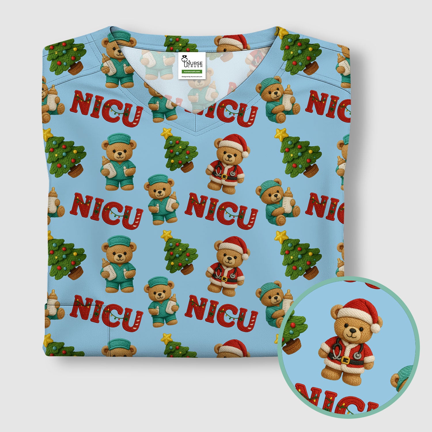 Festive Christmas NICU Nurse Teddy Bear Pattern, Breathable Fabrics Nursing Uniform