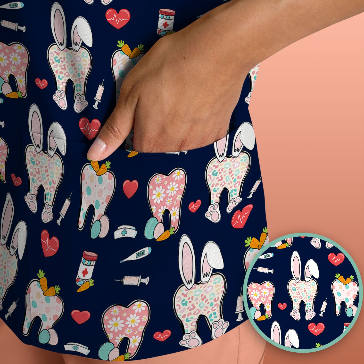 Playful Bunny Dentist Illustration Medical Scrub Top, Comfortable Scrubs for Nurses, Easter
