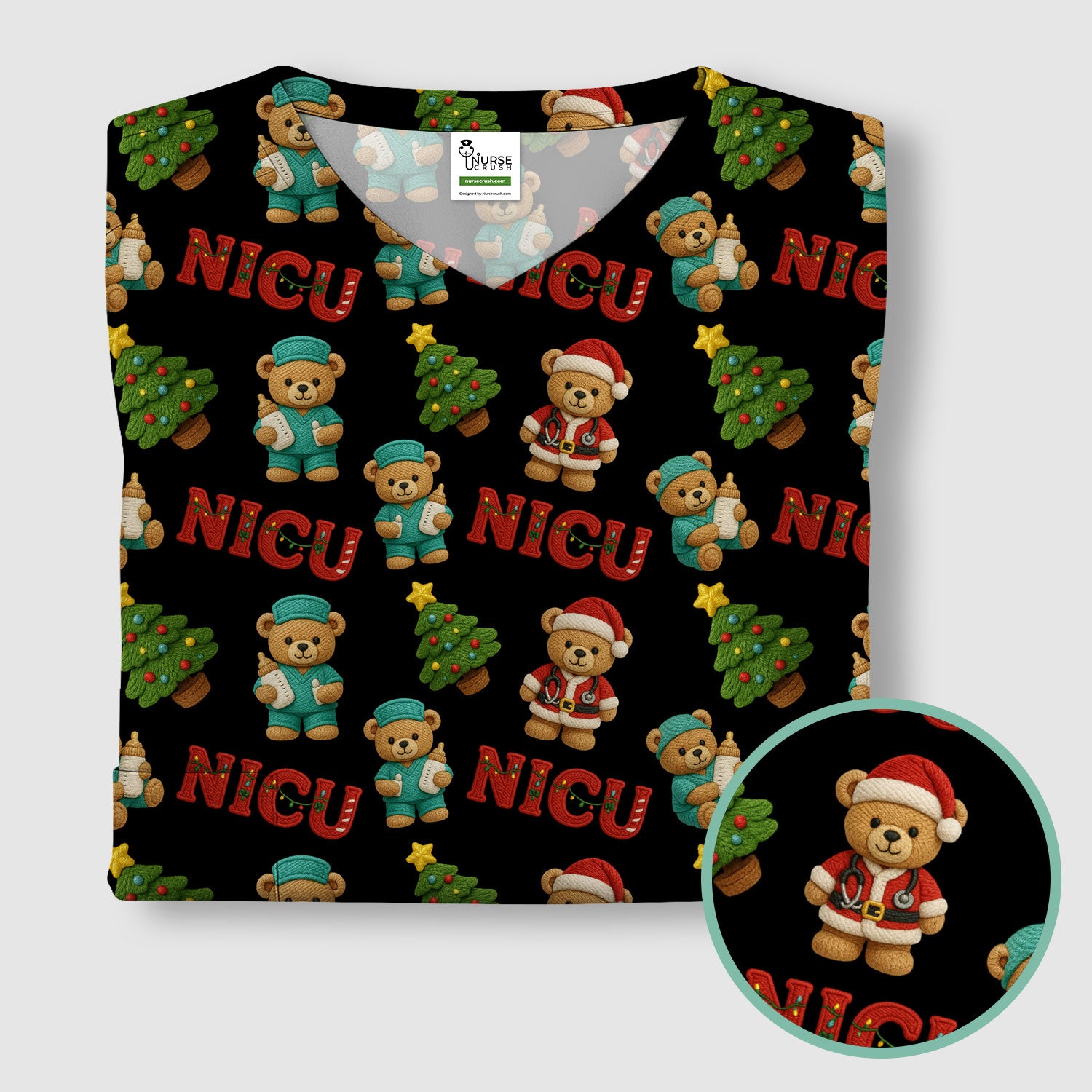 Festive Christmas NICU Nurse Teddy Bear Pattern, Breathable Fabrics Nursing Uniform