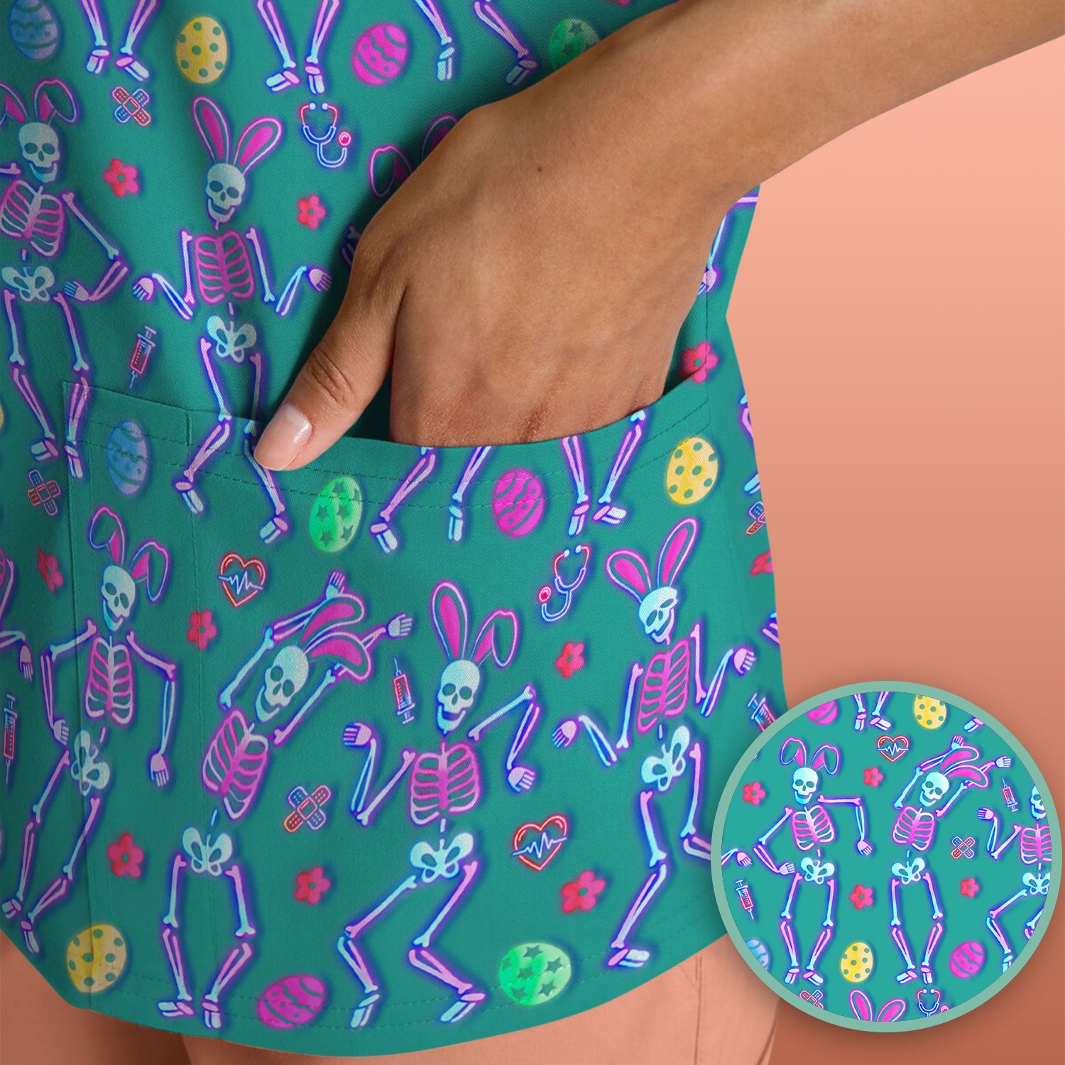 Neon Easter Skeleton Pattern Scrub Top, Comfortable Scrubs for Nurses