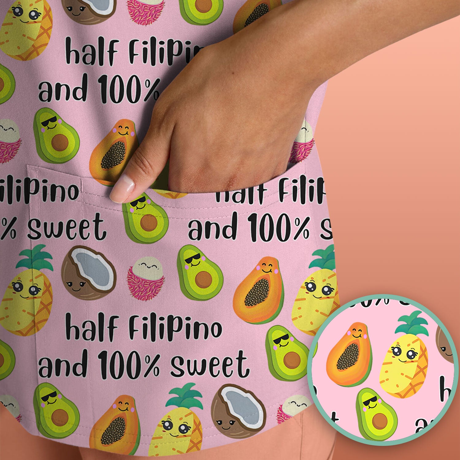 Playful Avocado Fruit Print Filipino Quote Scrub Top, Breathable Fabrics Nursing Uniform