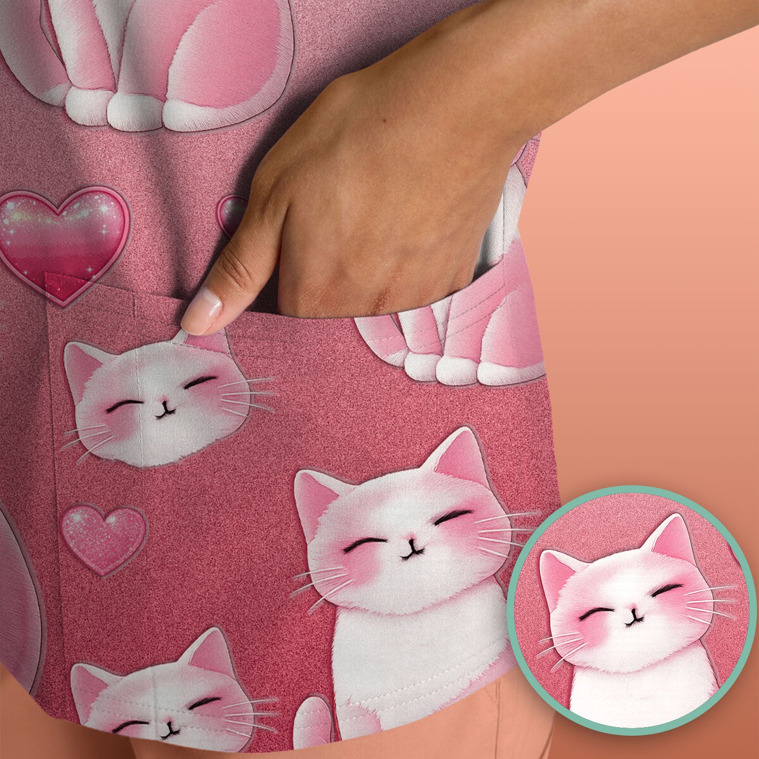 Valentine Cat Scrub Top, Cute Heart Pattern Nurse Shirt, Comfortable Scrubs For Nursing