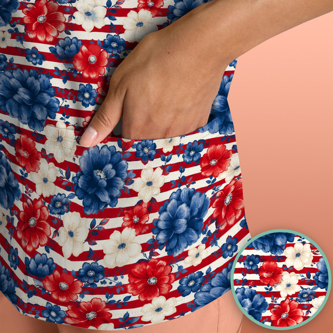 Patriotic Nurse Floral Stripe Pattern Scrub Top, Comfortable Scrubs for Nurses