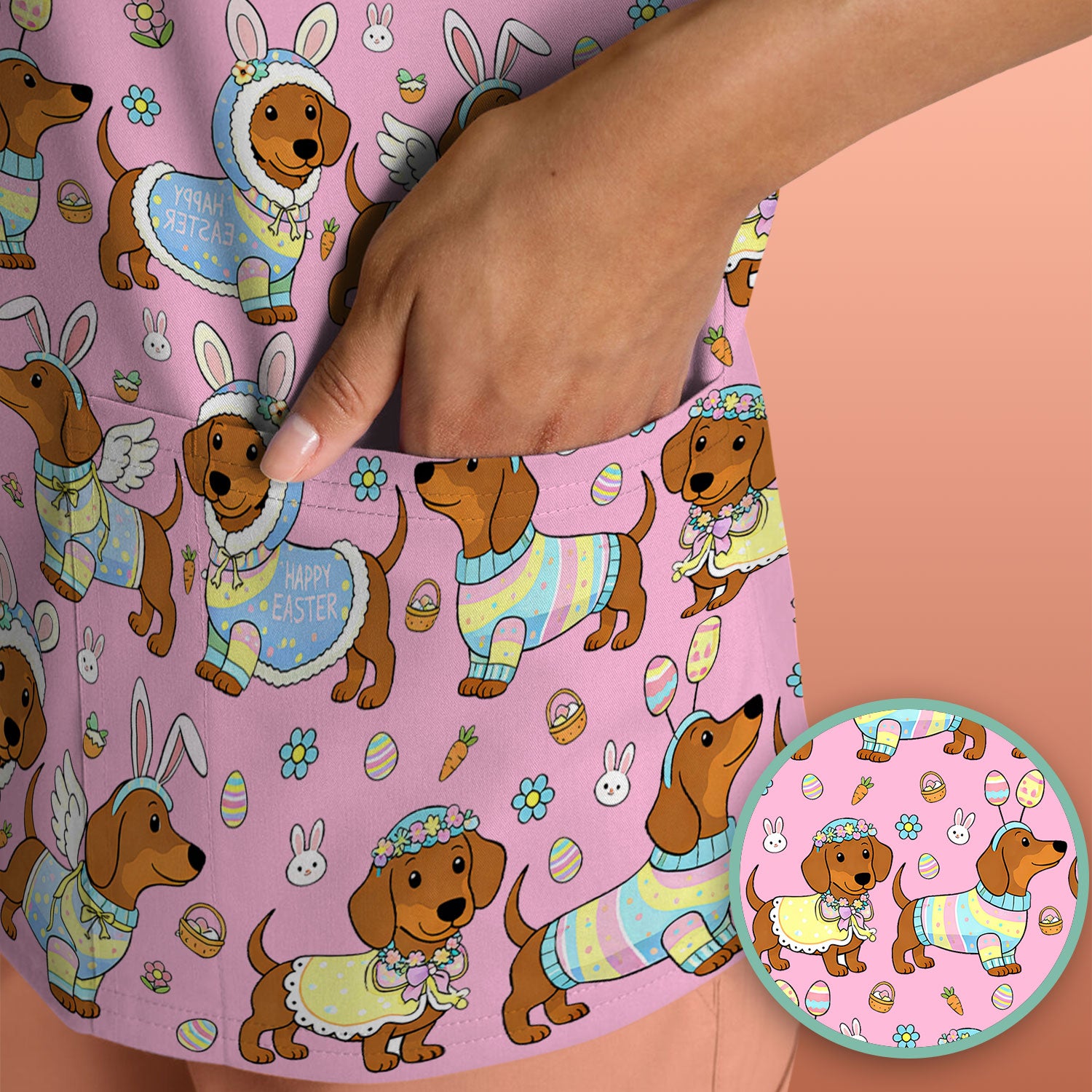 Easter Dachshund Bunny Print Scrub Top, Breathable Fabrics Nursing Uniform