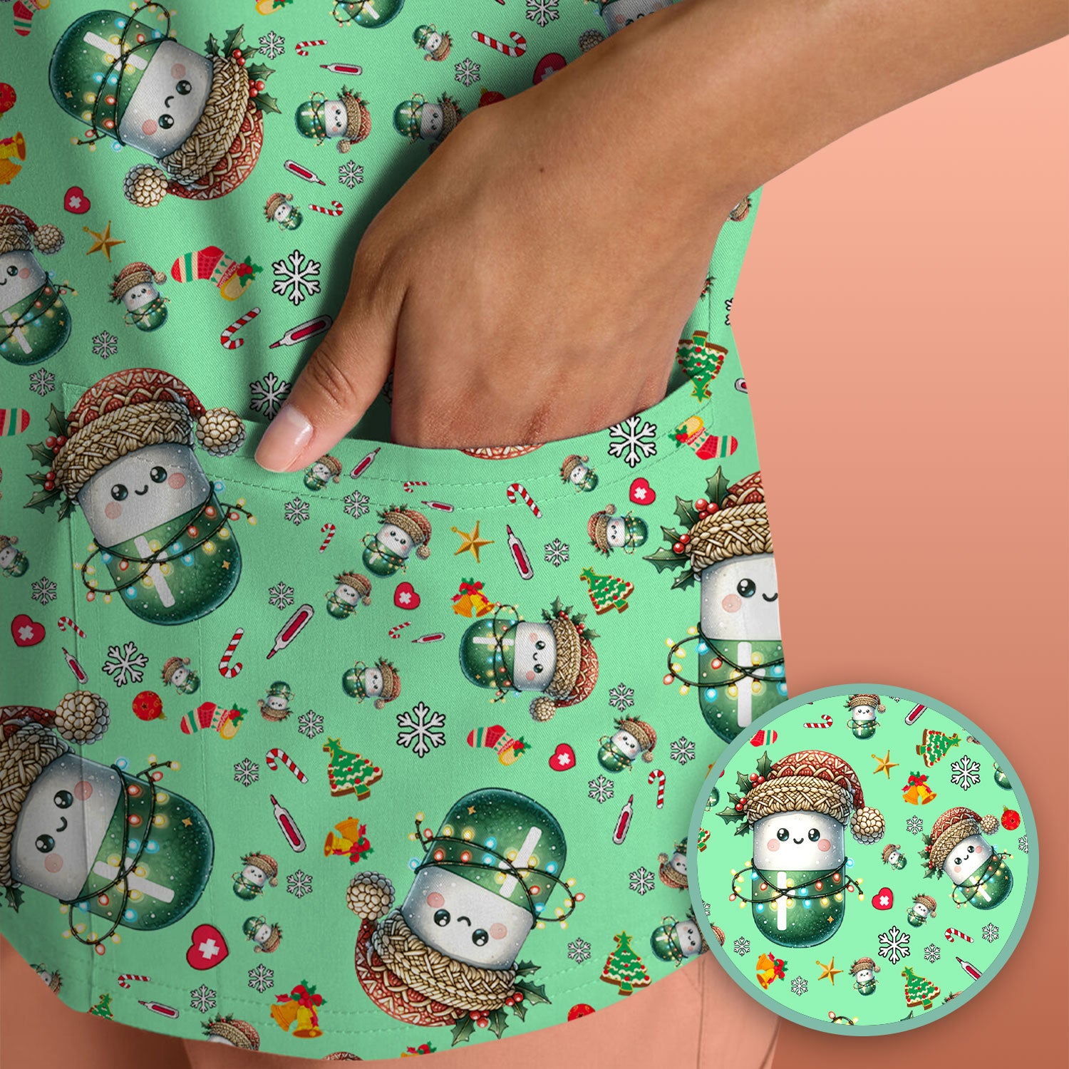 Pharmacy Tech Christmas Scrub Top – Cute Green Snowman Print Nurse Outfit – Funny Holiday Medical Uniform for Pharmacists