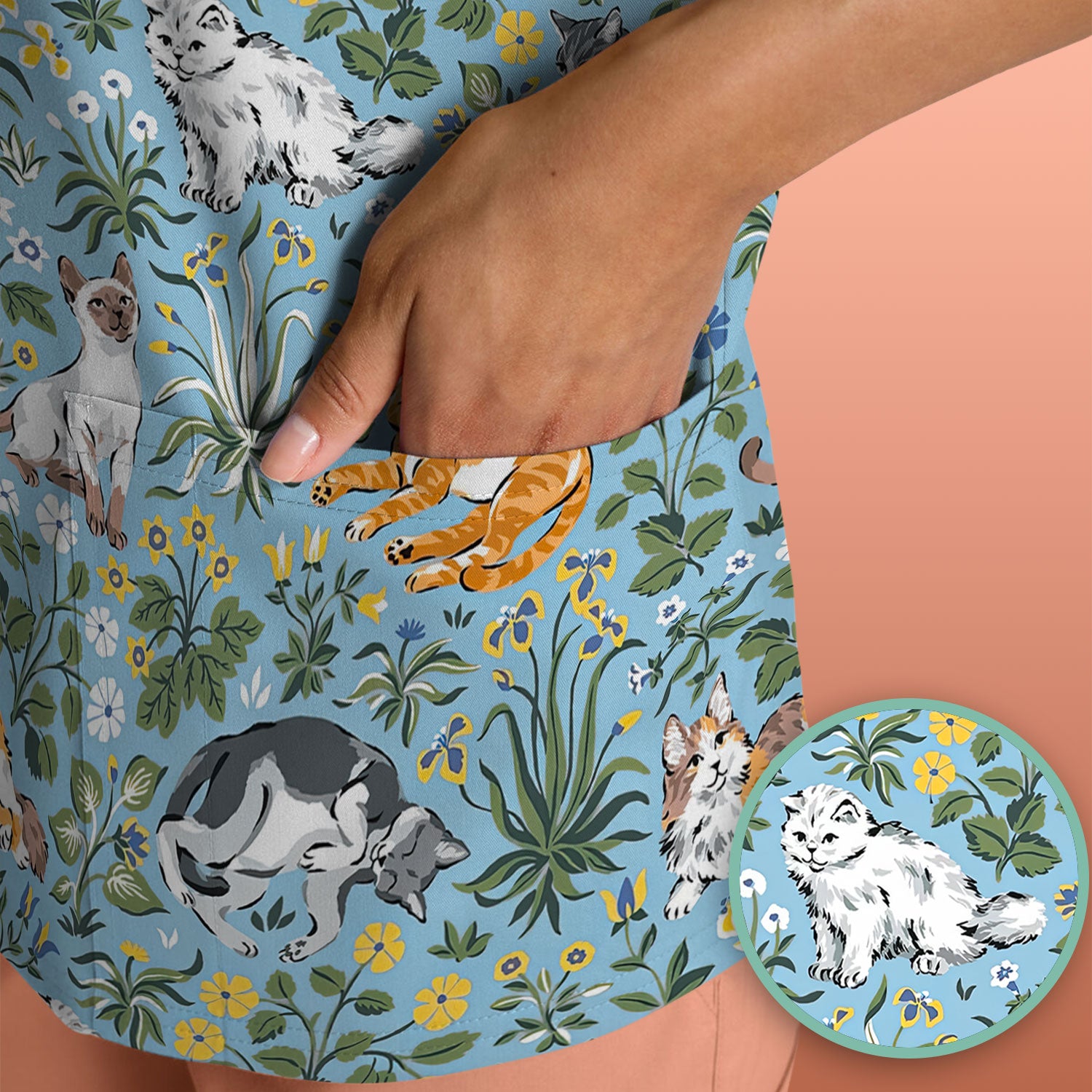 Floral Cat Garden Medical Pattern Scrub Top, Comfortable Scrubs for Nurses