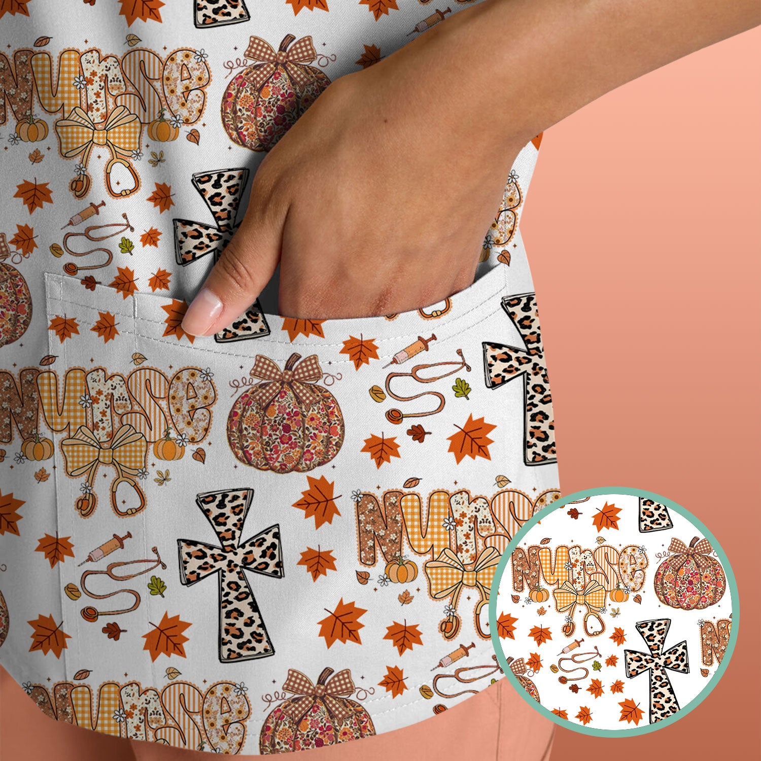 Floral Pumpkin Scrub Top for Women - Coquette Bow Thanksgiving Shirt - Comfortable Medical Uniform