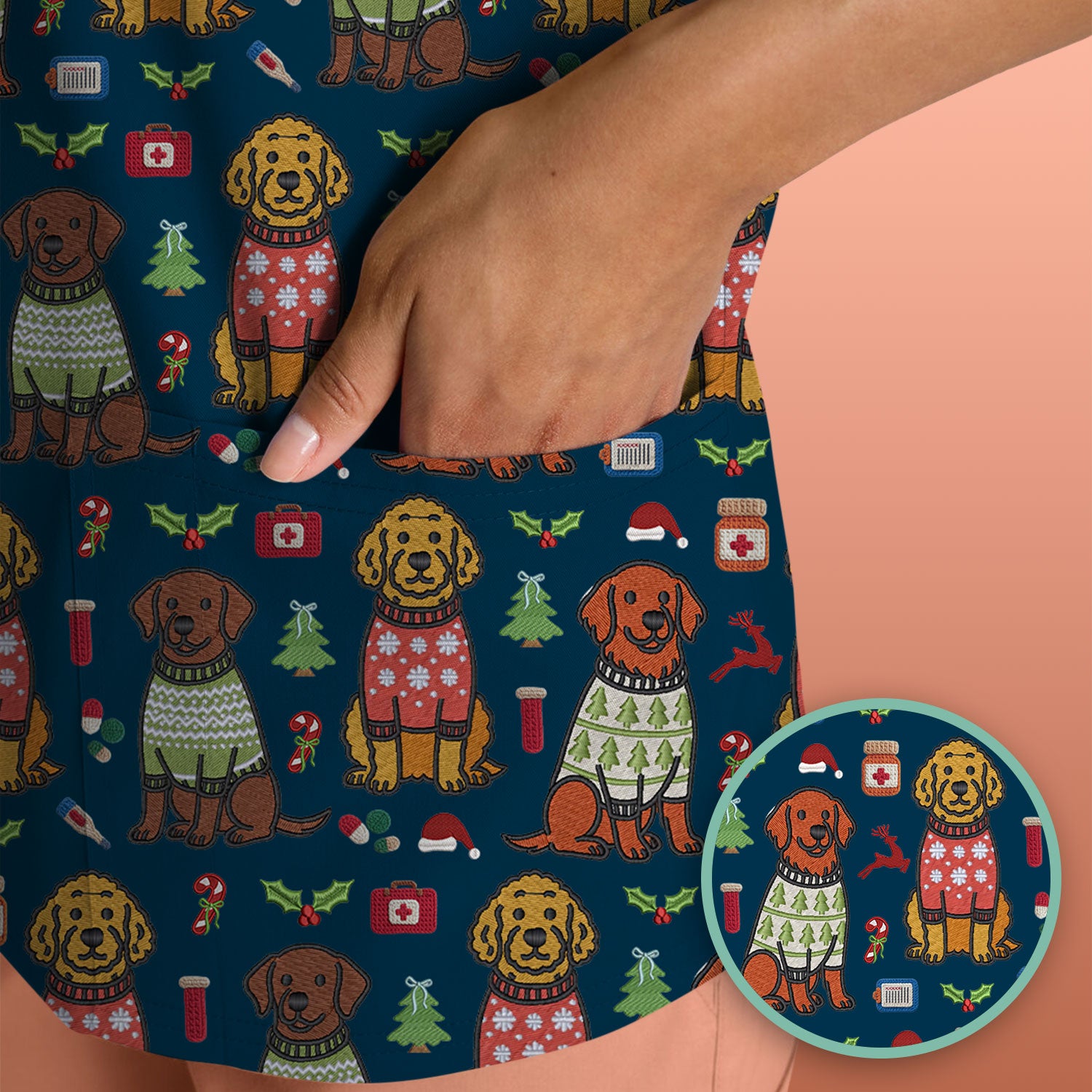 Golden Retriever Christmas Scrub Top, Cute Holiday Dog Nurse Pattern Shirt, Breathable Fabrics Nursing Uniform