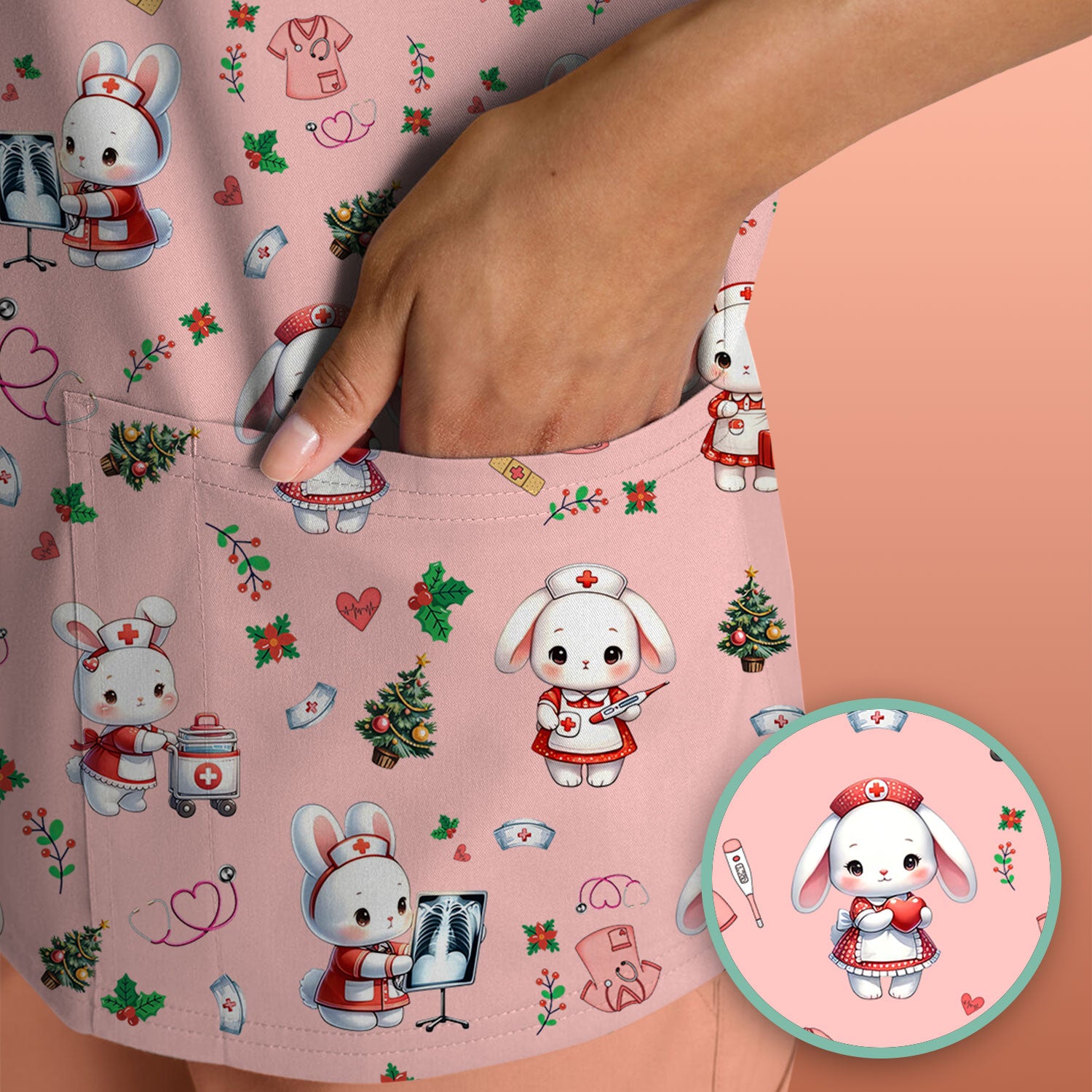 Cute Bunny Scrub Top for Nurse - Adorable Christmas Rabbit Shirt - Funny Holiday Medical Shirt Gift for Women RN LPN CNA