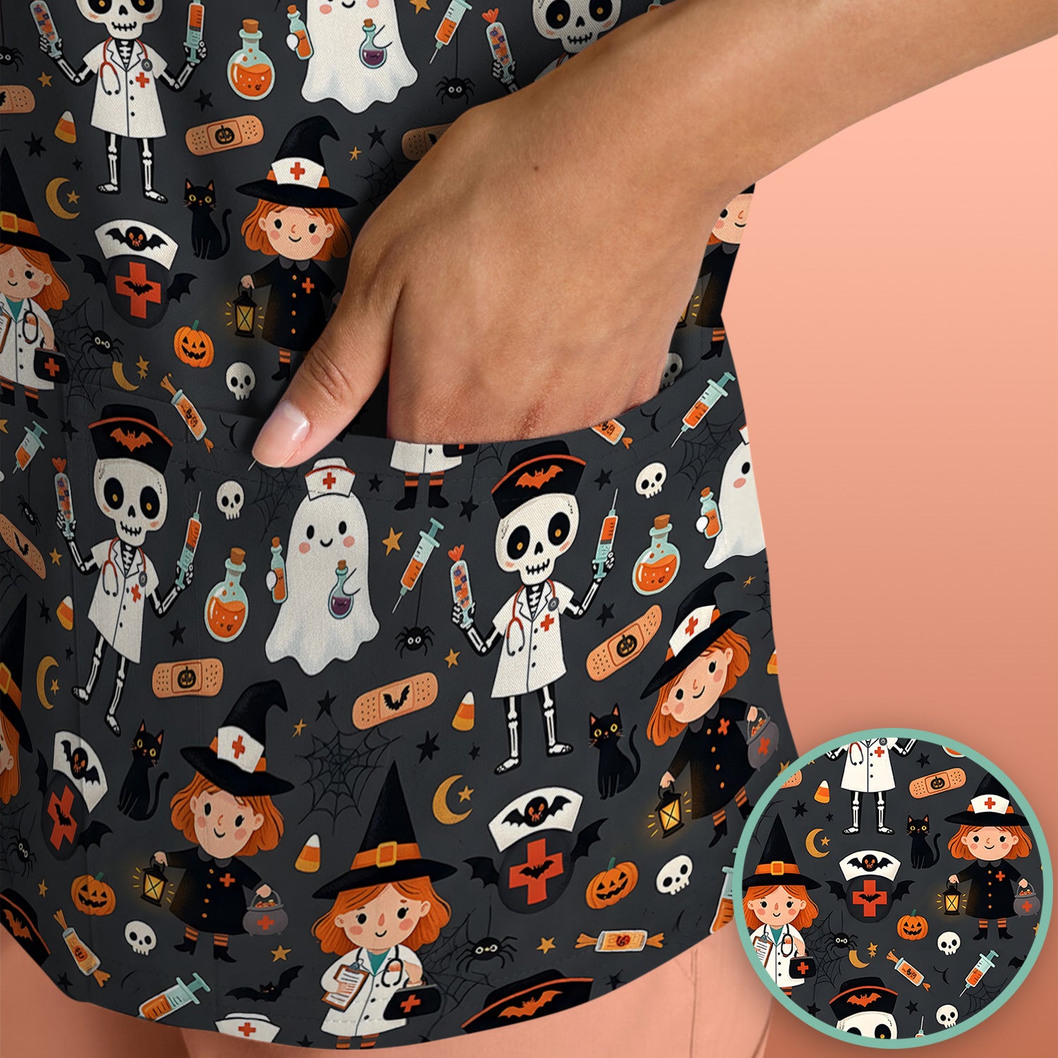 Halloween Witch And Skeleton Nurse Scrub Top, Comfortable Scrubs for Nurses
